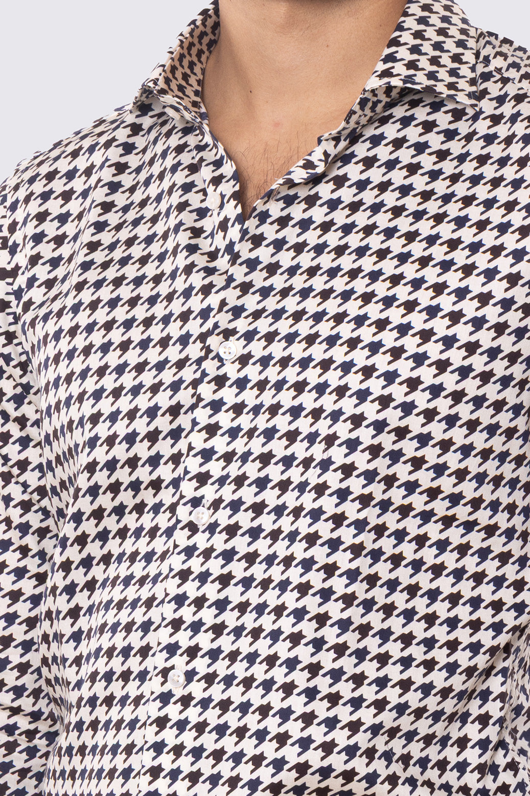 Camicia Uomo blu fantasia pied de polule grandi multicolor slim fit in cotone 100% Collo semi francese sartoriale