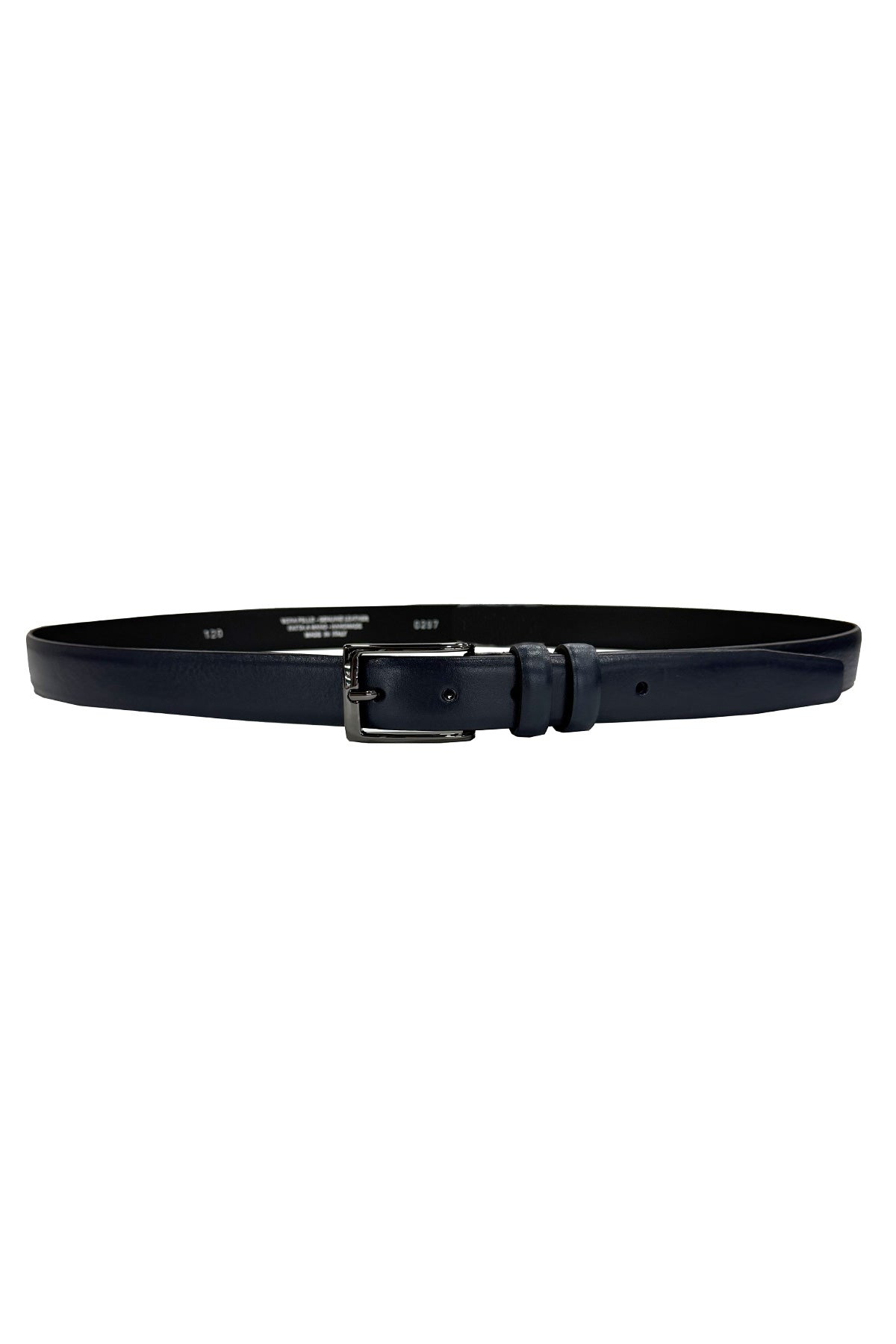 Cintura uomo blu semi lucida slim taglio laser senza cuciture con fibbia argento scuro spazzolata