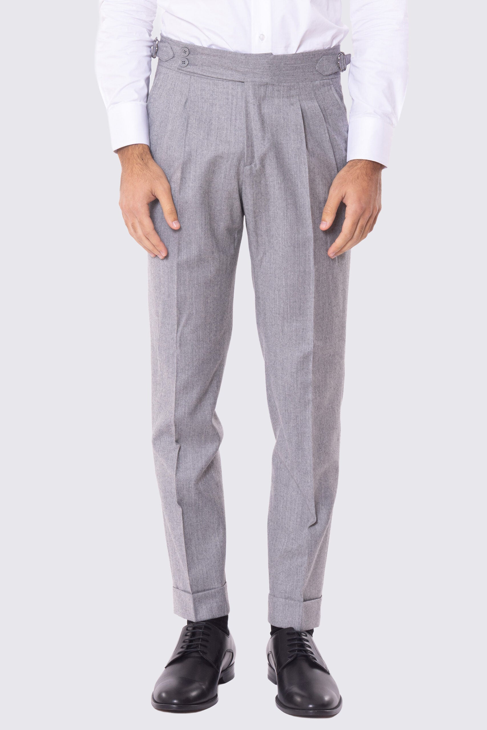 Pantalone grigio chiaro vita alta con fibbie laterali regolabili e risvolto 5cm in lana flanella Bristol Tessuti Napoli