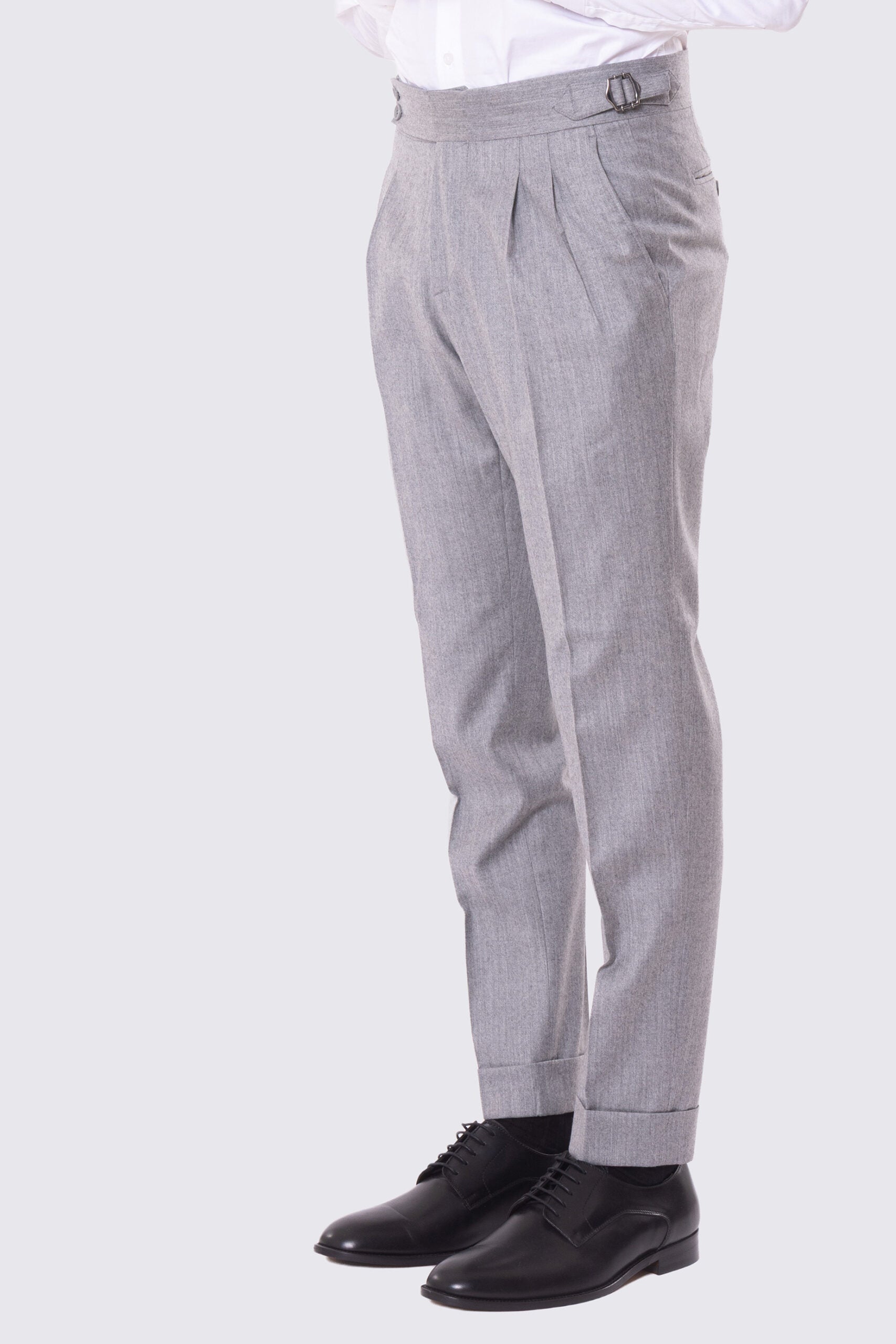 Pantalone grigio chiaro vita alta con fibbie laterali regolabili e risvolto 5cm in lana flanella Bristol Tessuti Napoli