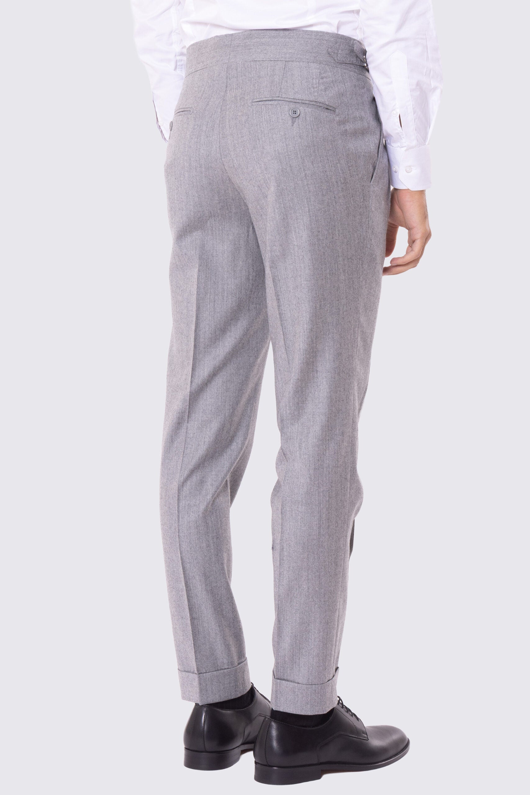 Pantalone grigio chiaro vita alta con fibbie laterali regolabili e risvolto 5cm in lana flanella Bristol Tessuti Napoli