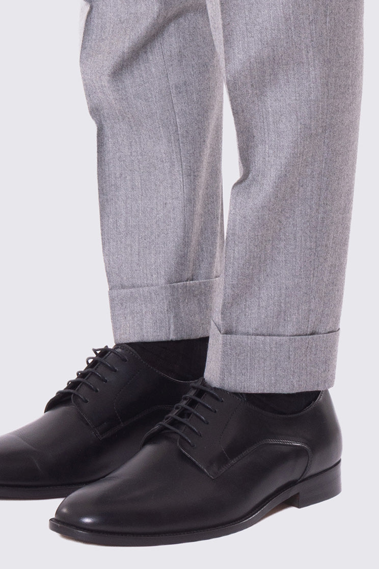 Pantalone grigio chiaro vita alta con fibbie laterali regolabili e risvolto 5cm in lana flanella Bristol Tessuti Napoli