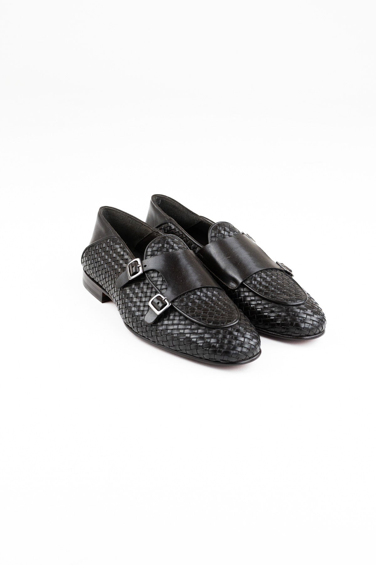 Mocassini uomo marrone scuro in vera pelle intrecciata con doppia fibbia e suola in cuoio made in italy