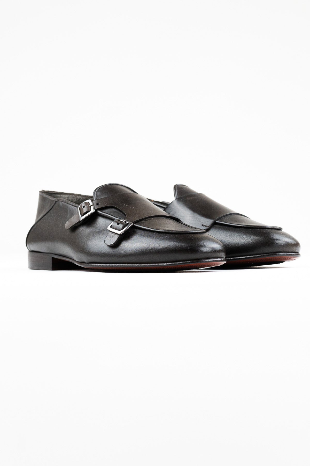 Mocassini uomo Marrone scuro in vera pelle con doppia fibbia e suola in cuoio made in italy