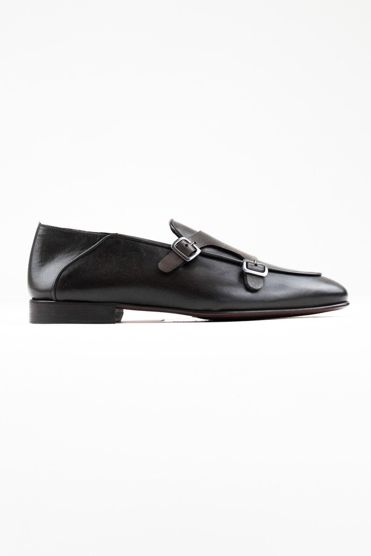 Mocassini uomo Marrone scuro in vera pelle con doppia fibbia e suola in cuoio made in italy