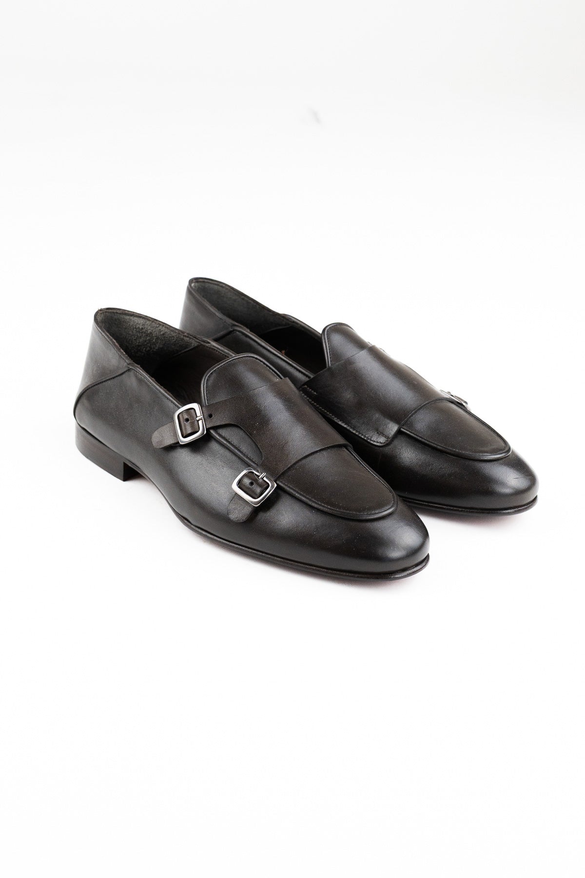 Mocassini uomo Marrone scuro in vera pelle con doppia fibbia e suola in cuoio made in italy