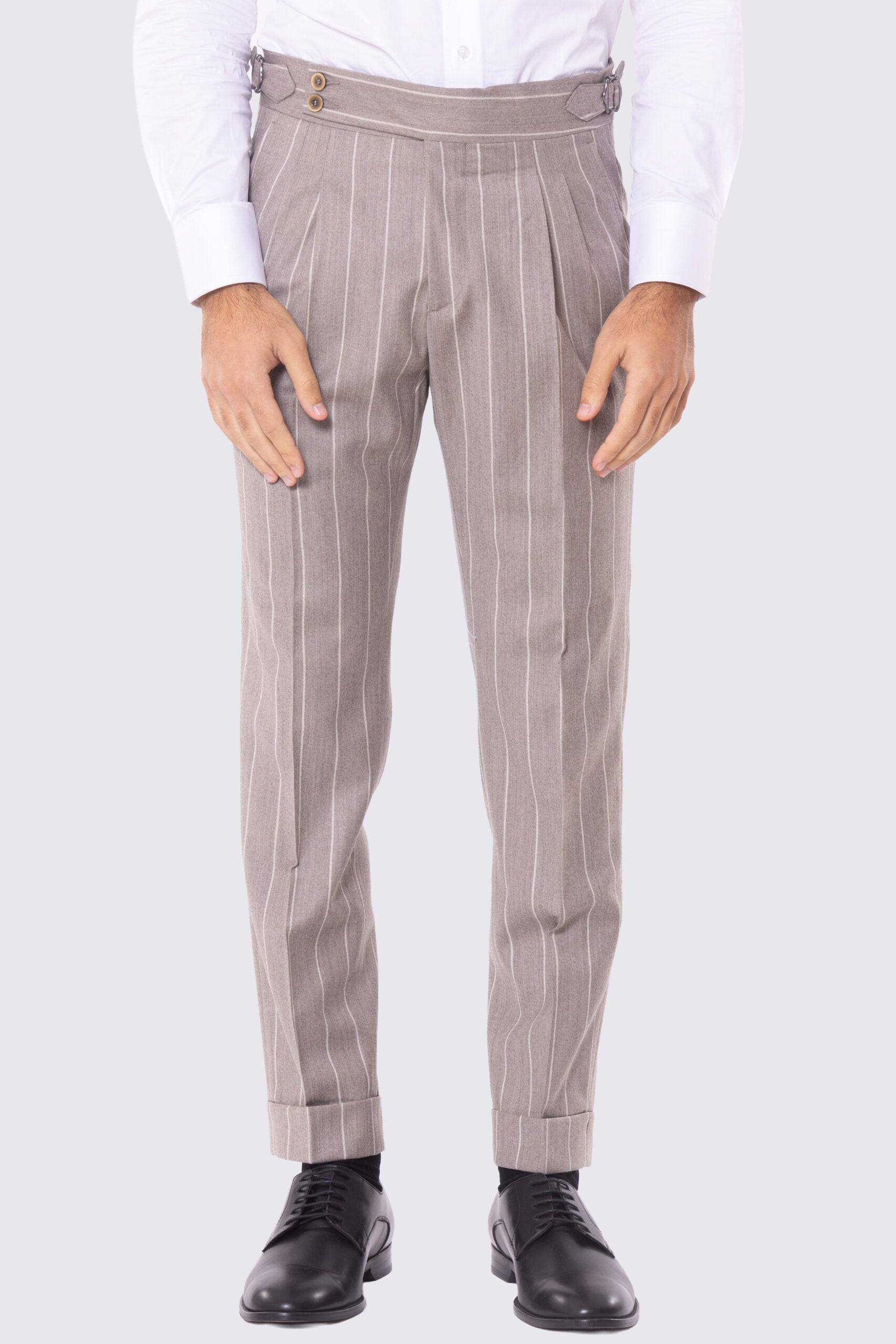 Pantalone Tortora gessato bianco vita alta con fibbie laterali regolabili e risvolto 5cm in lana flanella Bristol Tessuti Napoli