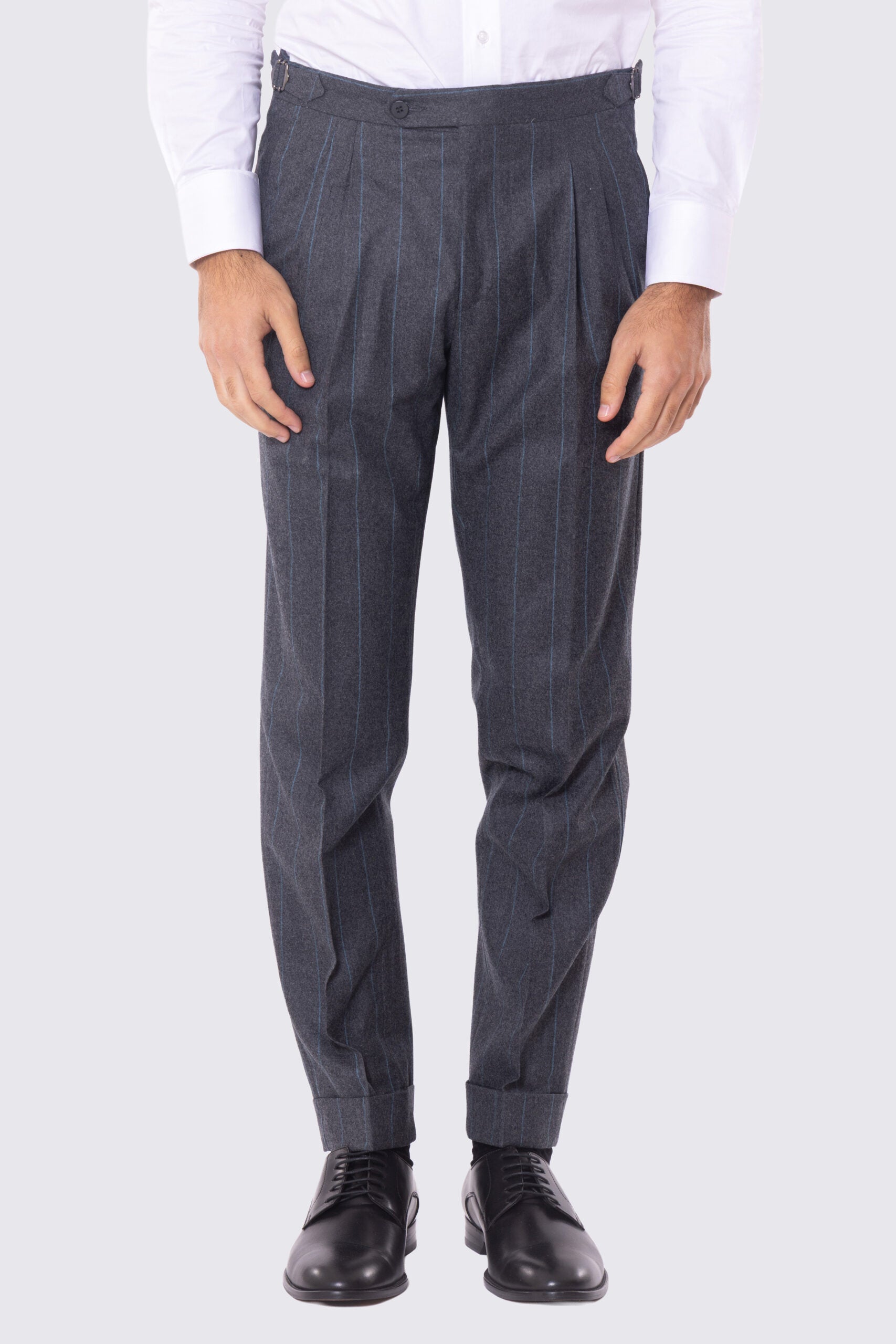 Pantalone grigio gessato celeste vita alta uomo in lana 100% Vitale Barberis Canonico fibbie laterali