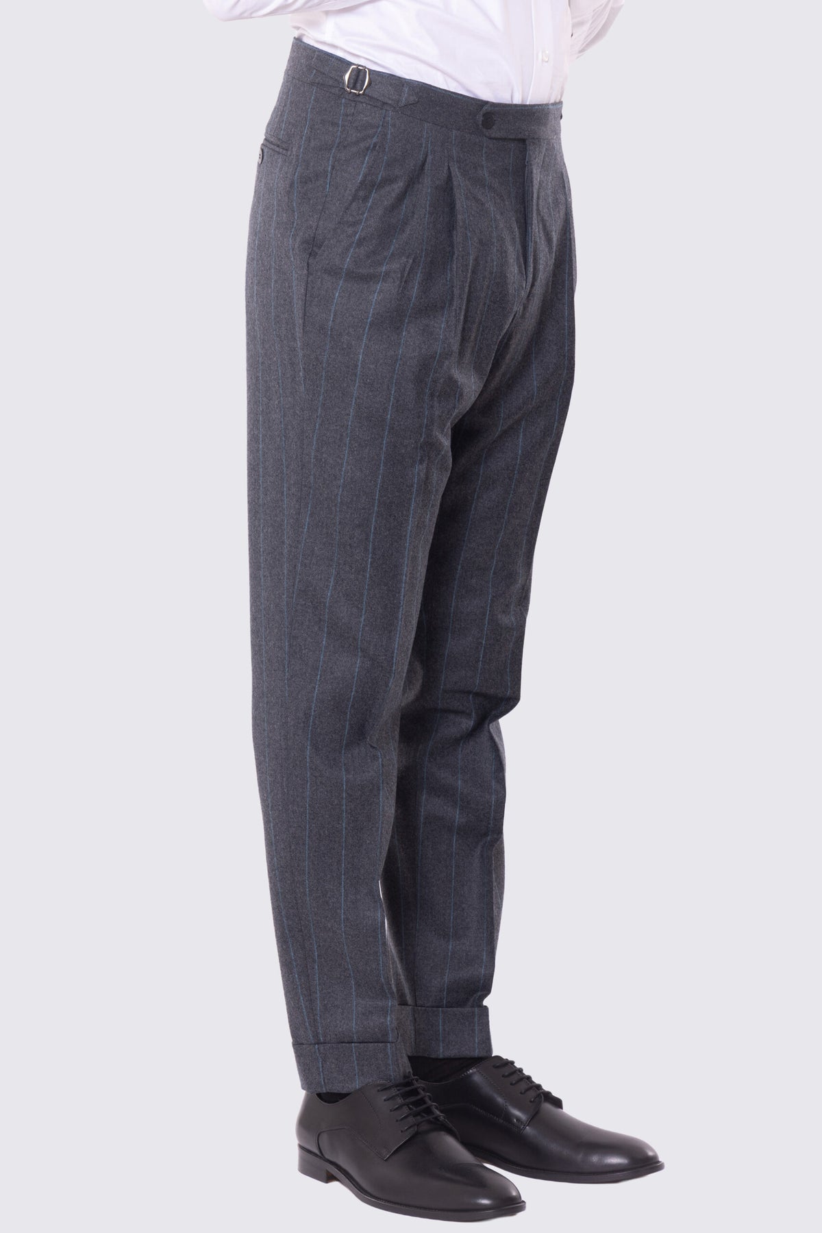 Pantalone grigio gessato celeste vita alta uomo in lana 100% Vitale Barberis Canonico fibbie laterali