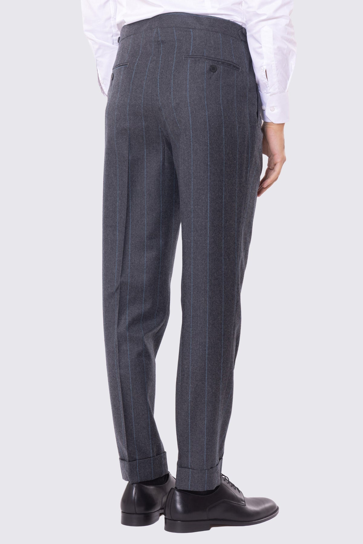 Pantalone grigio gessato celeste vita alta uomo in lana 100% Vitale Barberis Canonico fibbie laterali