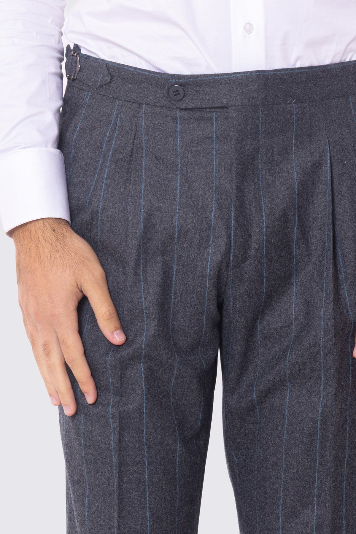 Pantalone grigio gessato celeste vita alta uomo in lana 100% Vitale Barberis Canonico fibbie laterali