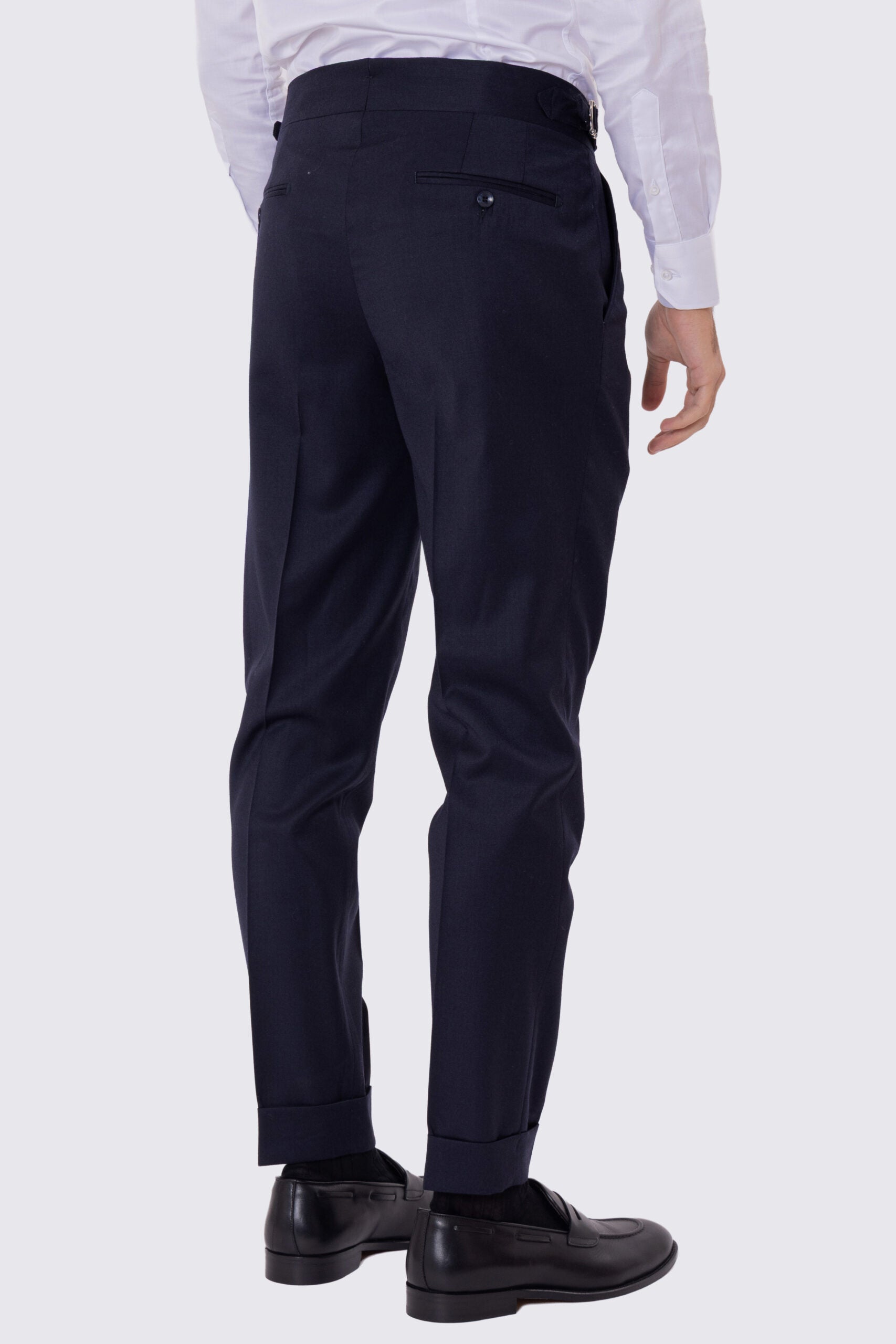 Pantalone blu notte vita alta con fibbie laterali regolabili e doppie pinces risvolto 5cm da uomo in 100% lana Flanella Carillo Drapers