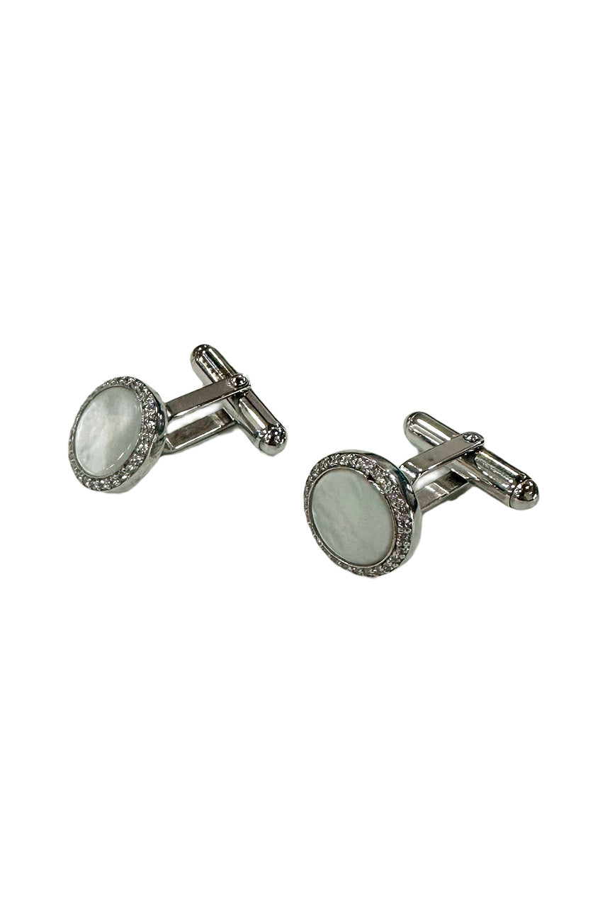 Gemelli da camicia in argento 925 lucido e madreperla forma tonda con zirconi incassati a mano