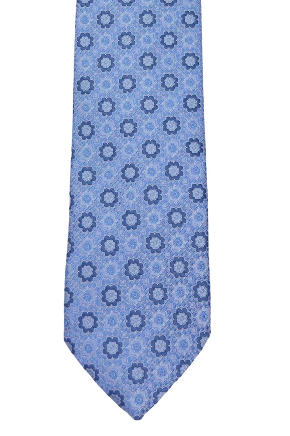 Cravatta uomo azzurra 9cm fantasia in pura seta cucita a mano
