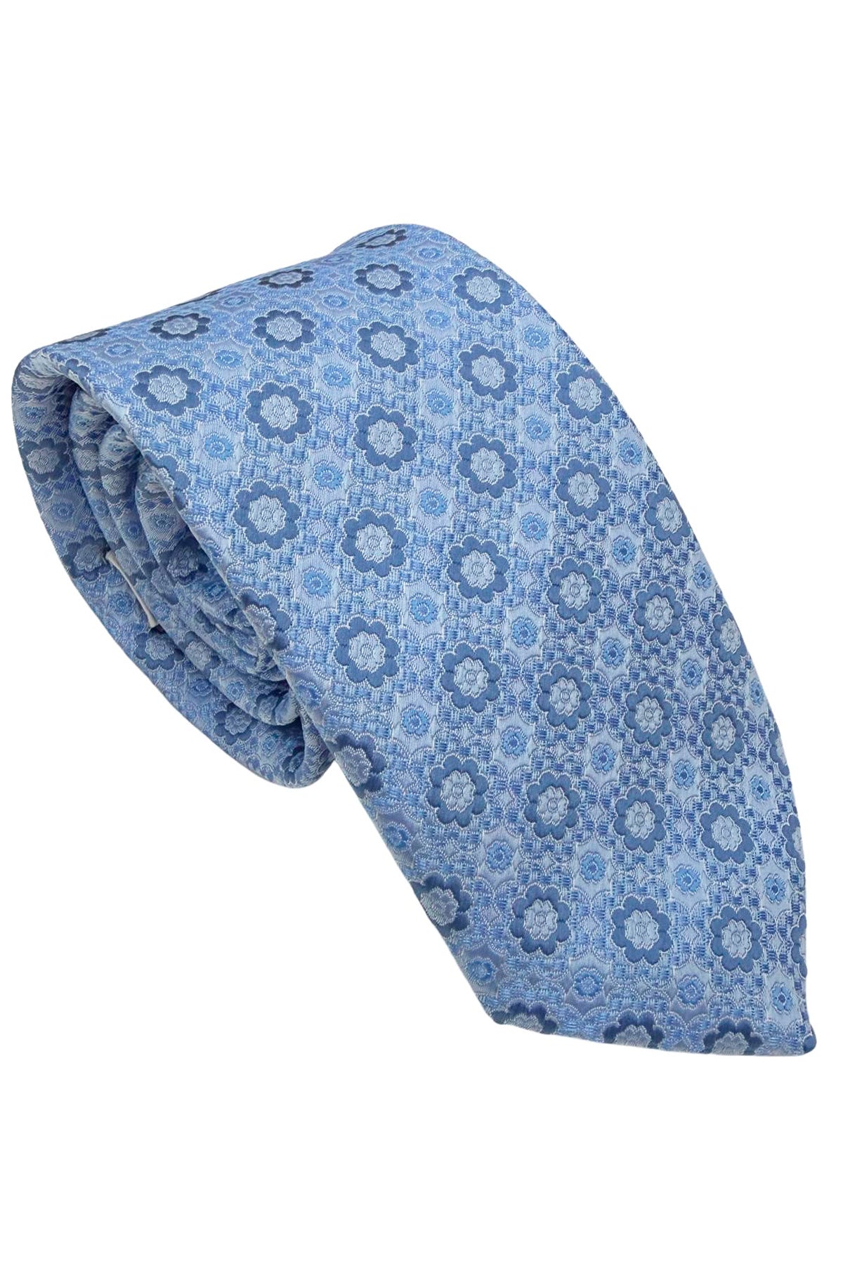 Cravatta uomo azzurra 9cm fantasia in pura seta cucita a mano