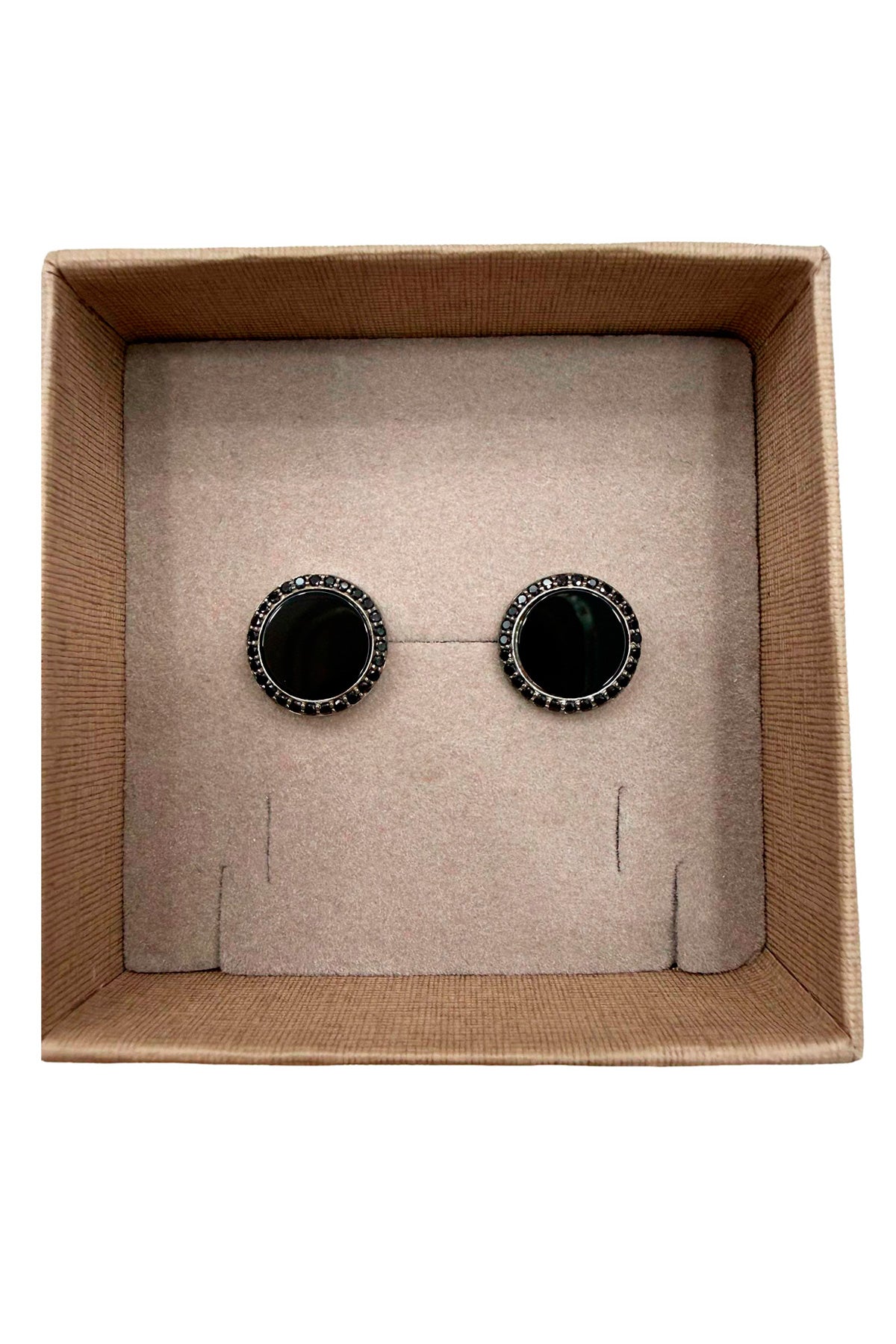 Gemelli da camicia in argento 925 lucido e madreperla nera forma tonda con zirconi neri incassati a mano