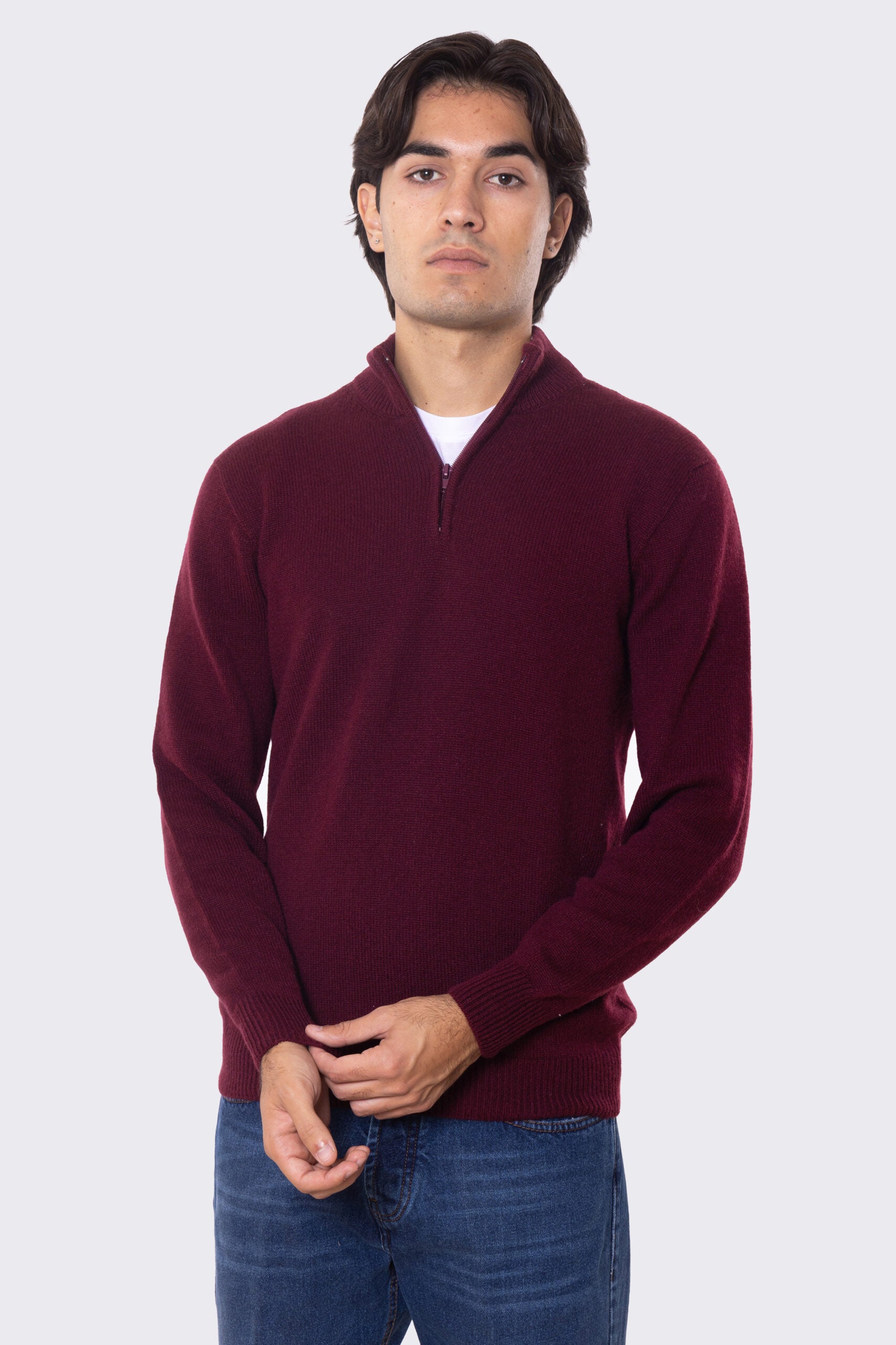 Maglione collo alto con mezza zip a scomparsa bordeaux 100% cashmere a tubolare tinta unita con elastici sulle maniche e sul fondo Finezza 12