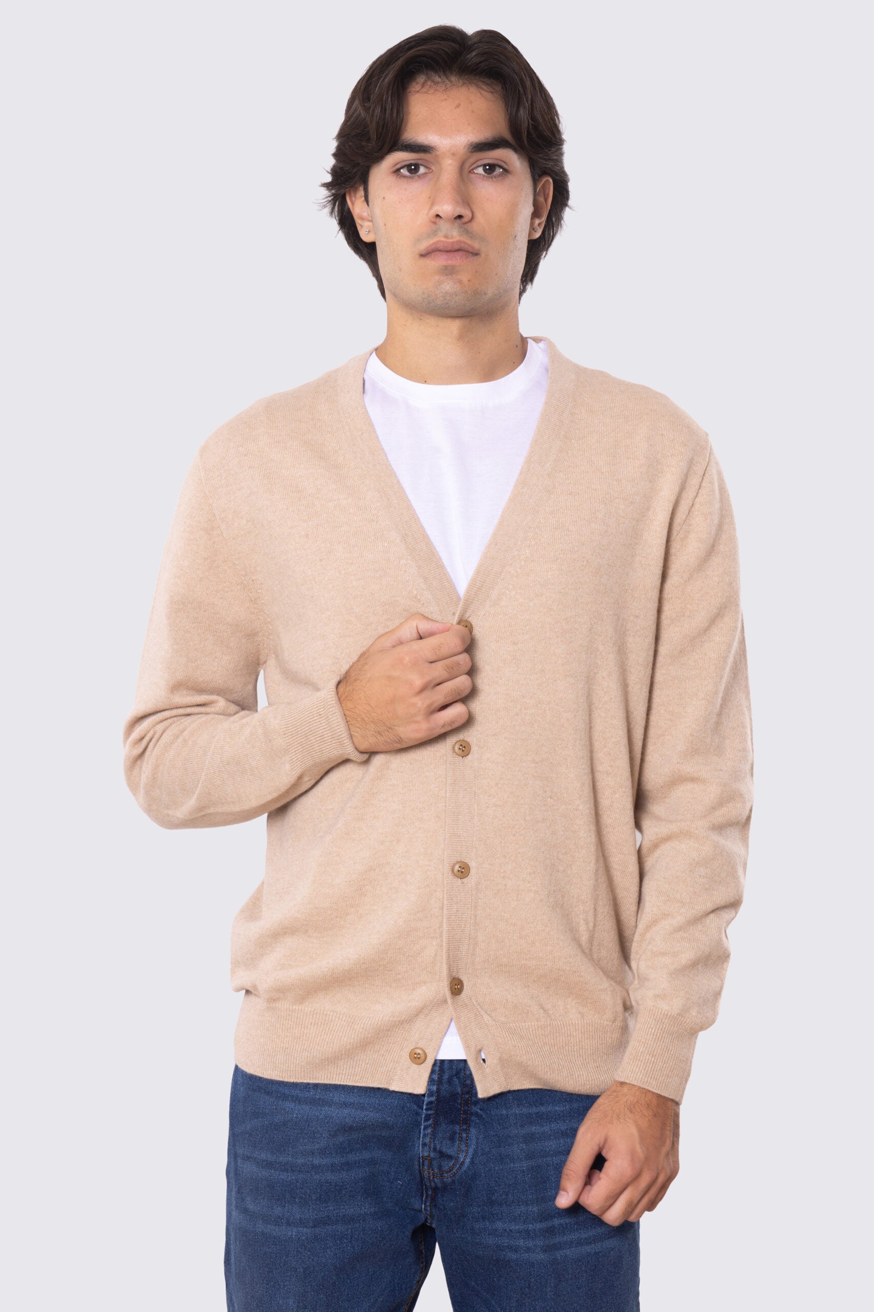Cardigan scollo a v con bottoni Beige 100% cashmere a tubolare tinta unita con elastici sulle maniche e sul fondo Finezza 12