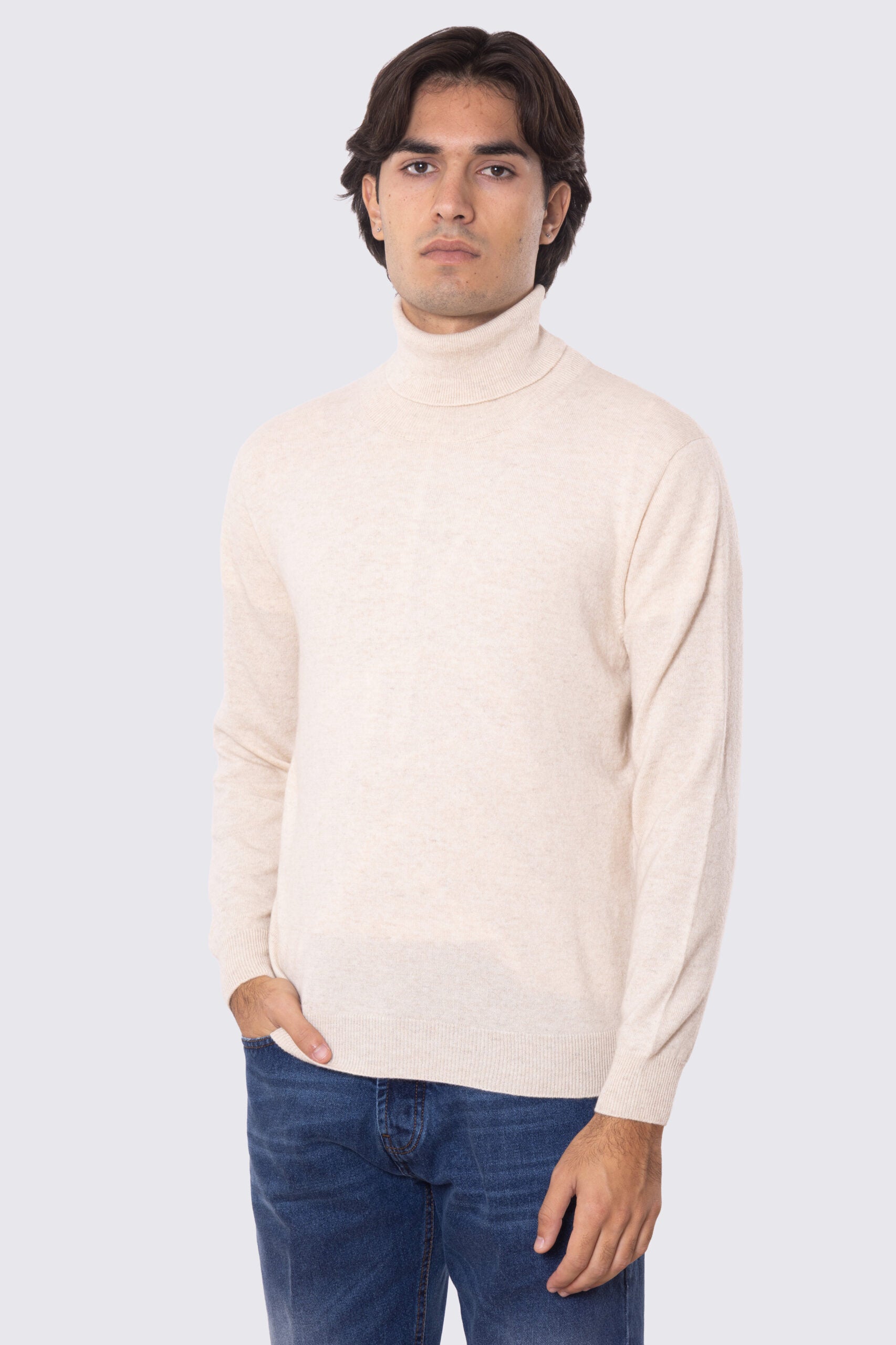 Dolcevita Beige Chiaro 100% cashmere a tubolare tinta unita con elastici sulle maniche e sul fondo Finezza 12