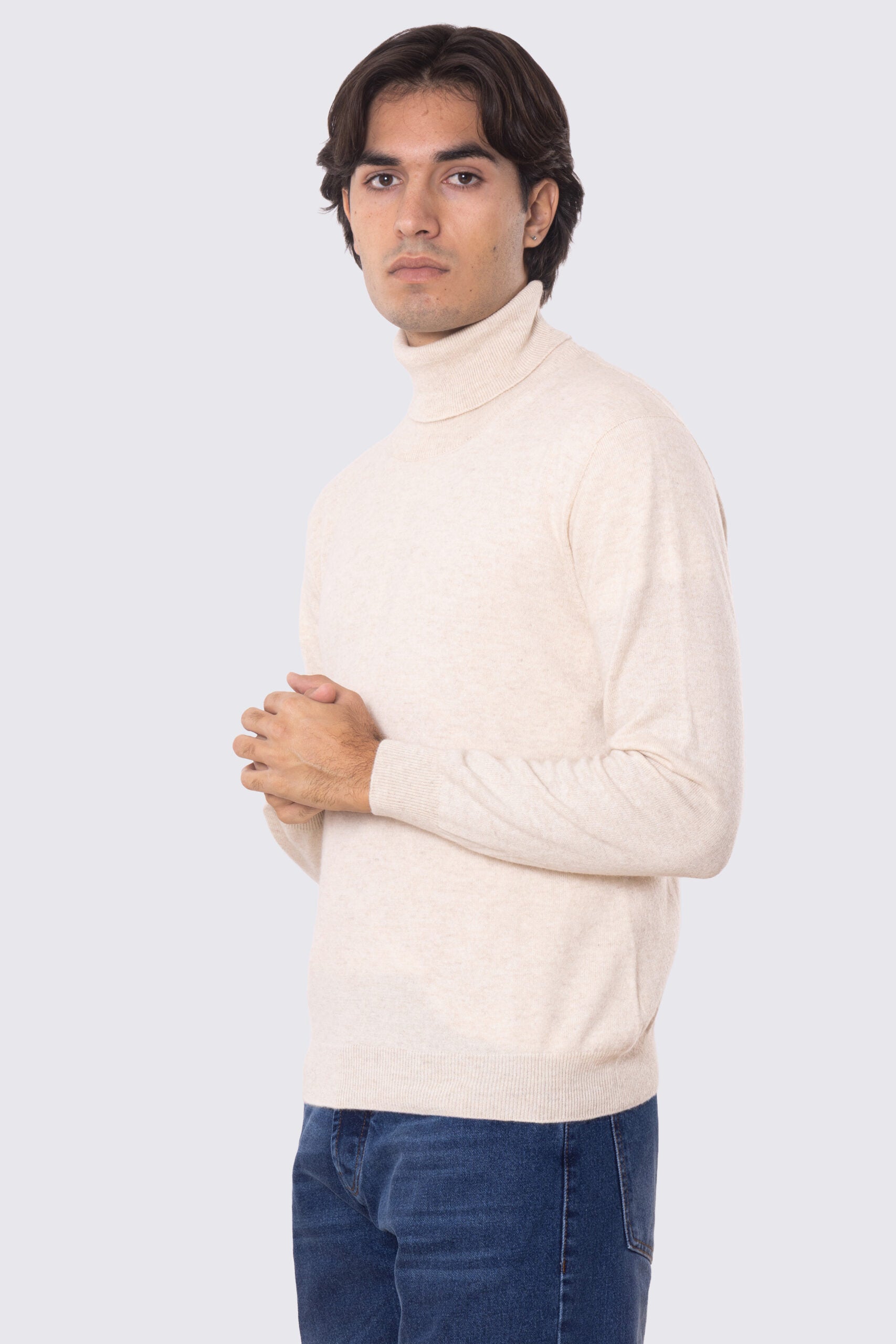 Dolcevita Beige Chiaro 100% cashmere a tubolare tinta unita con elastici sulle maniche e sul fondo Finezza 12