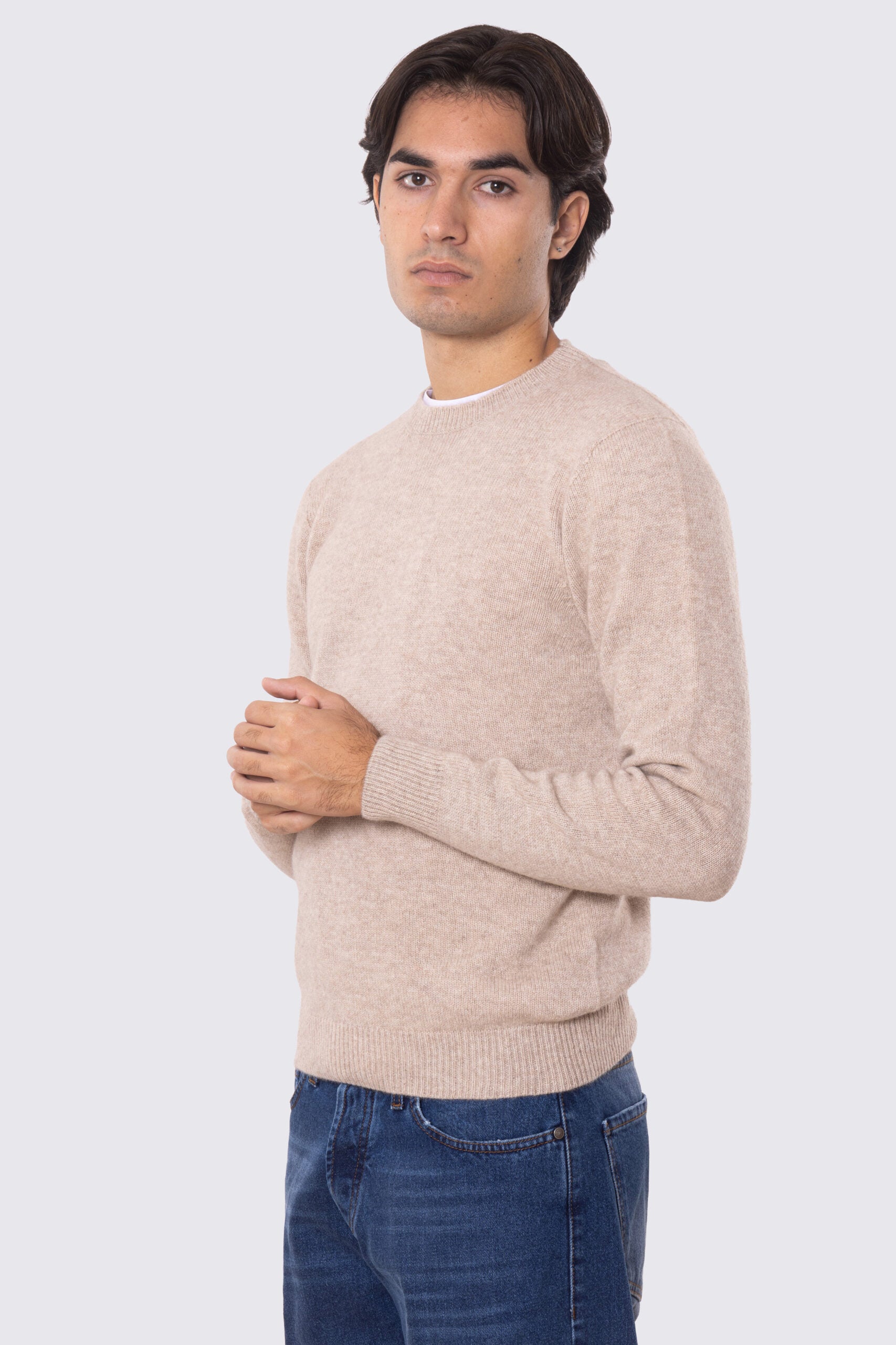Maglione girocollo Beige 100% cashmere a tubolare tinta unita con elastici sulle maniche e sul fondo Finezza 12