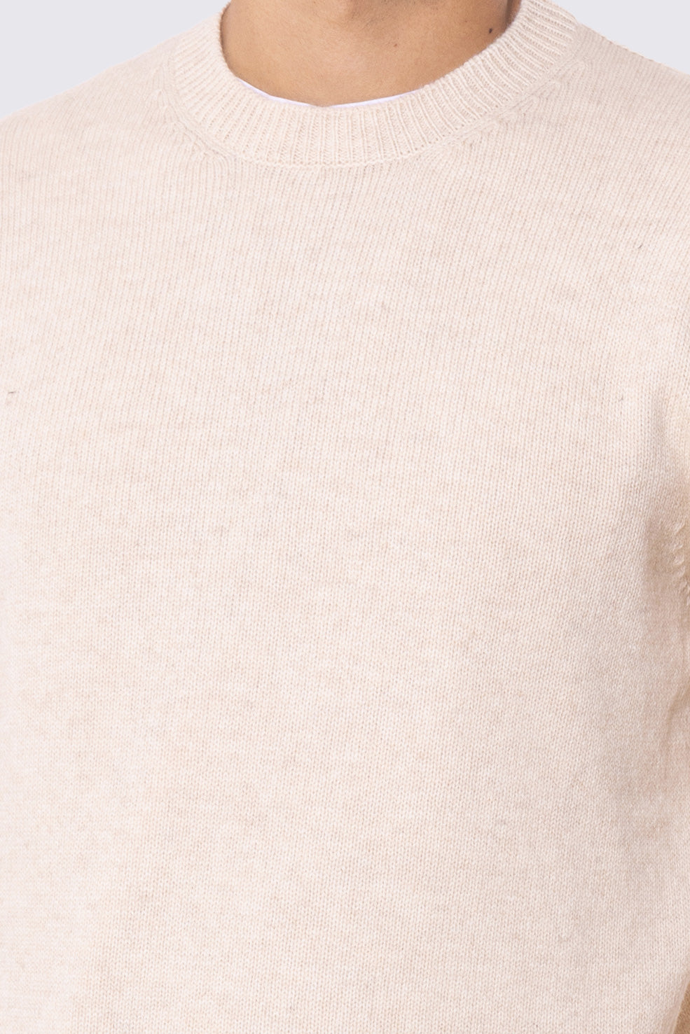 Maglione girocollo Beige Chiaro 100% cashmere a tubolare tinta unita con elastici sulle maniche e sul fondo Finezza 12