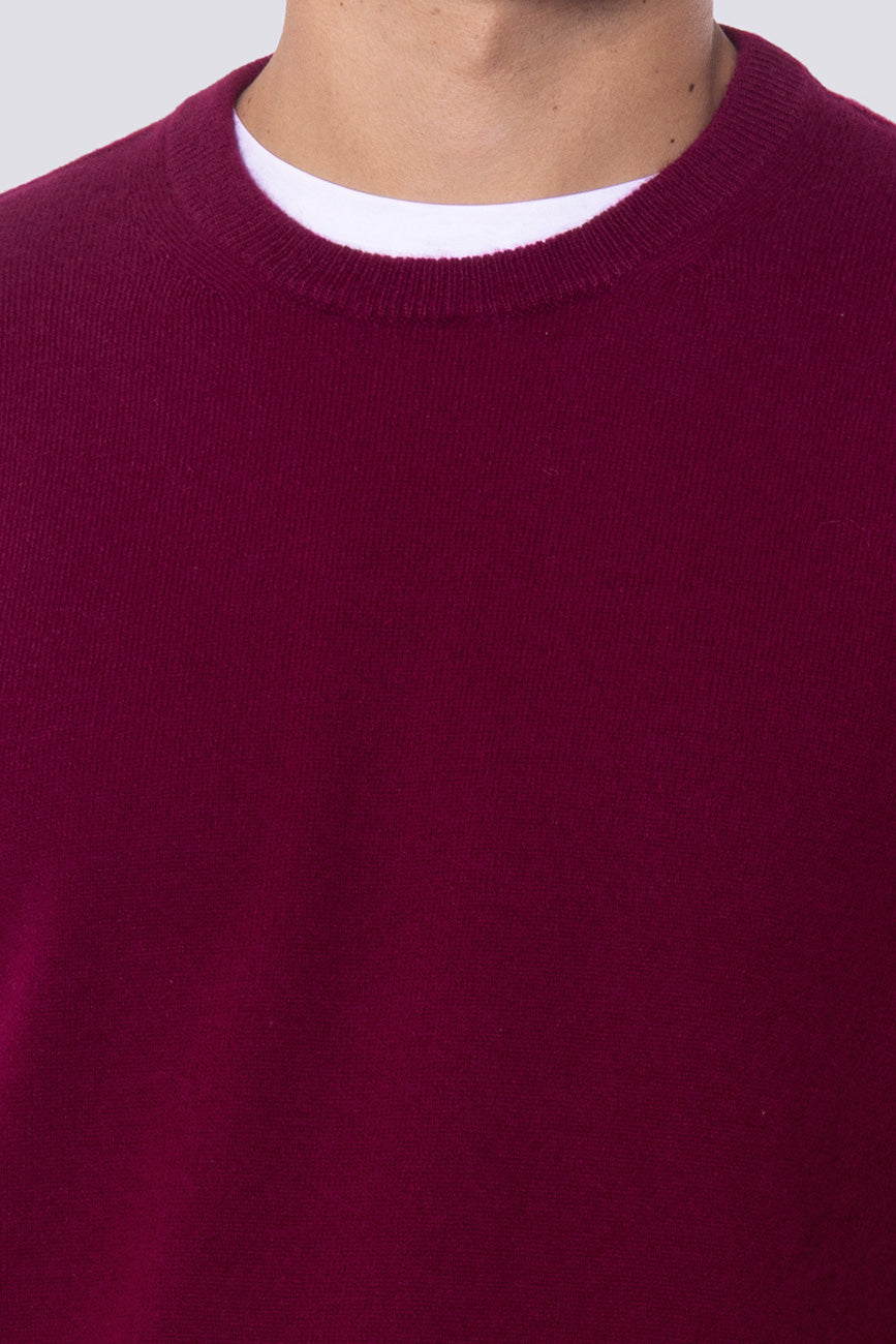 Maglione girocollo Bordeaux 100% cashmere a tubolare tinta unita con elastici sulle maniche e sul fondo Finezza 12