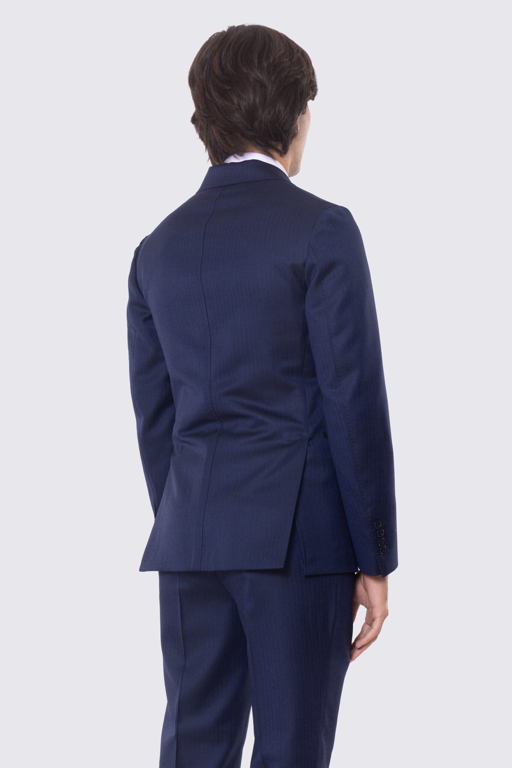 Abito blu spigato con giacca monopetto con rever a lancia e pantalone vita alta con fibbie laterali 100% lana Flanella Holland & Sherry