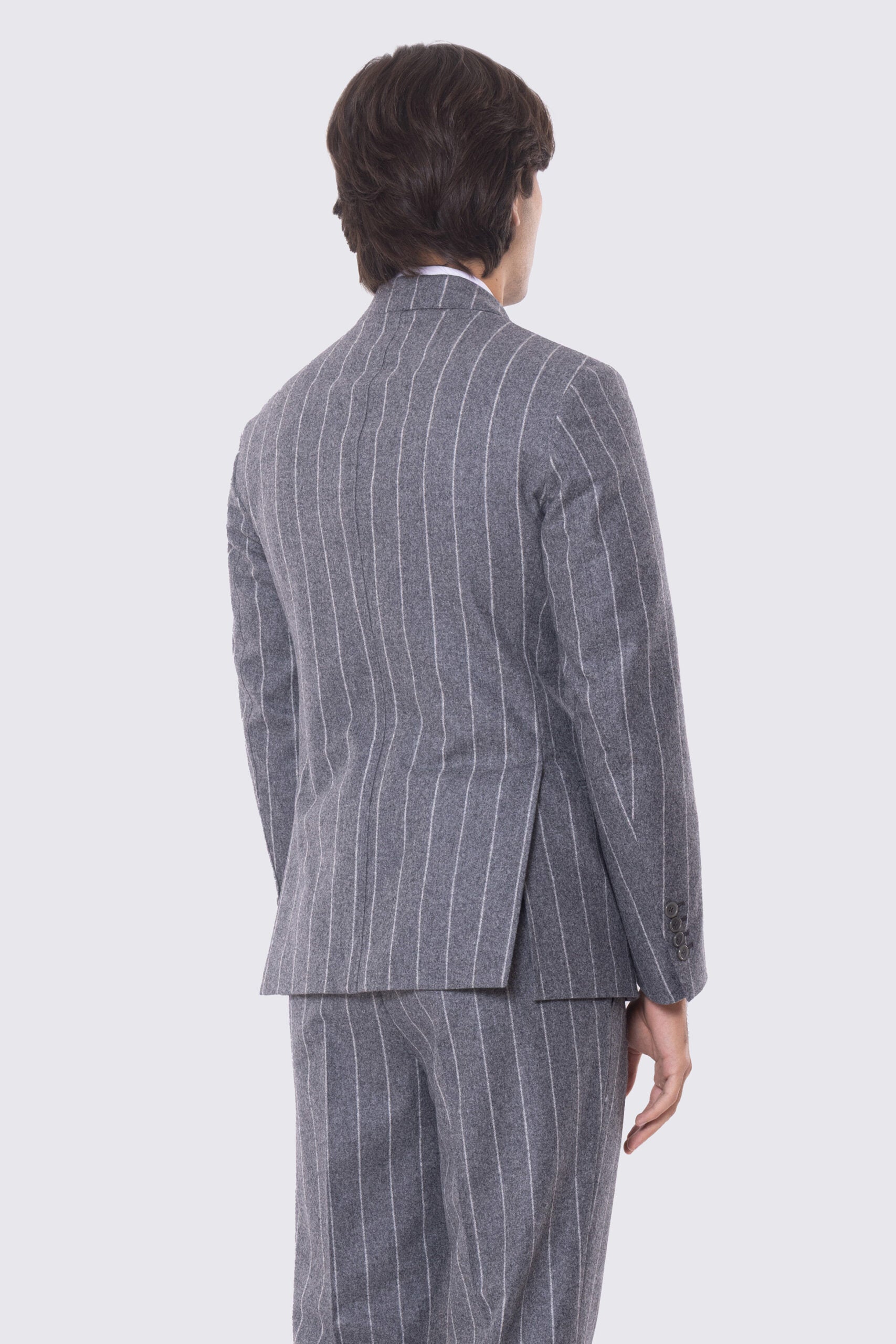 Abito uomo grigio gessato bianco con giacca Doppiopetto rever a lancia e tasche a filo e pantalone vita alta con doppia pinces e risvolto 5cm in pura lana Vitale Barberis Canonico