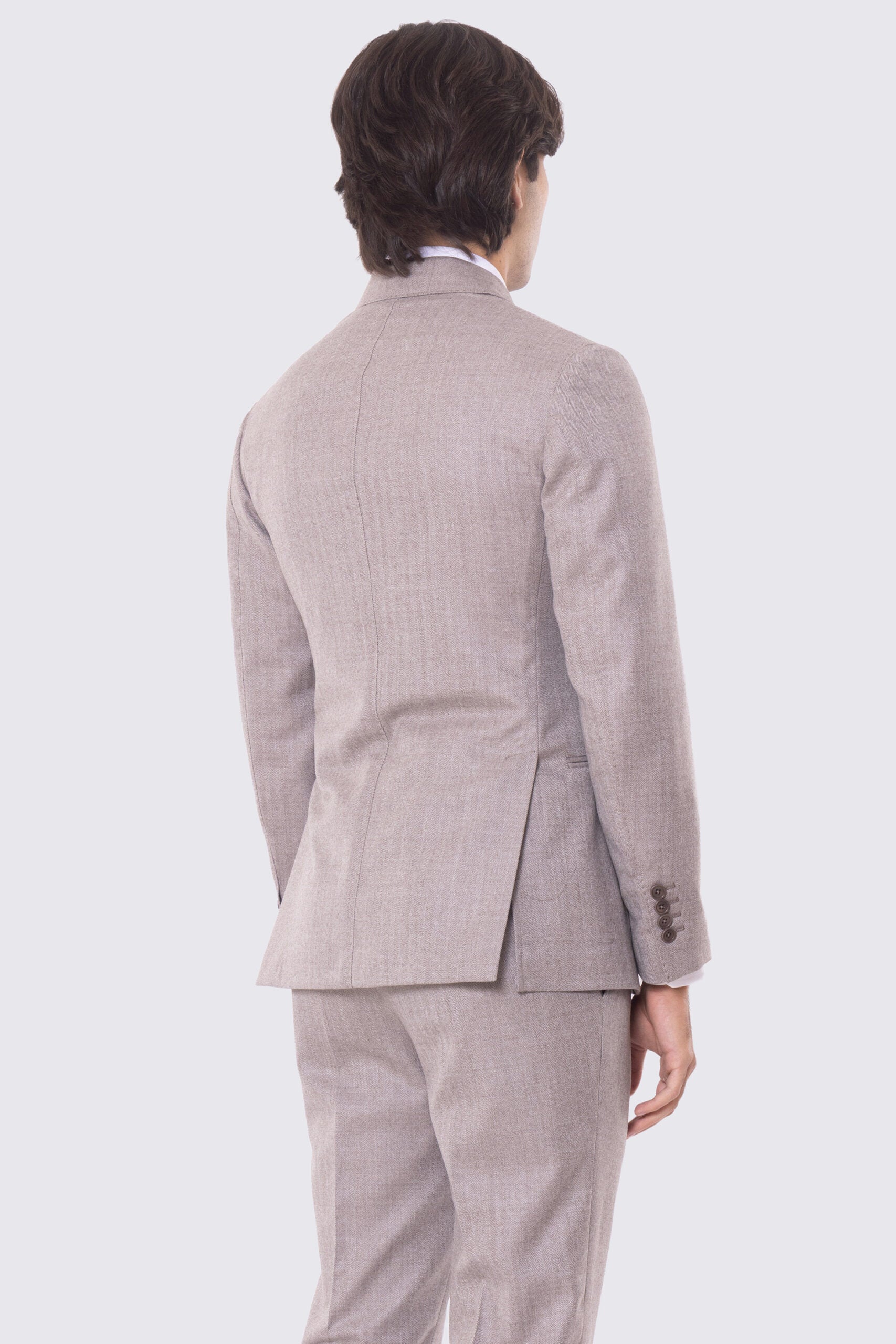 Abito Tortora con giacca Doppiopetto rever a lancia tasche a filo e pantalone vita alta con doppia pinces e risvolto 5cm 100% lana Flanella Carillo Drapers