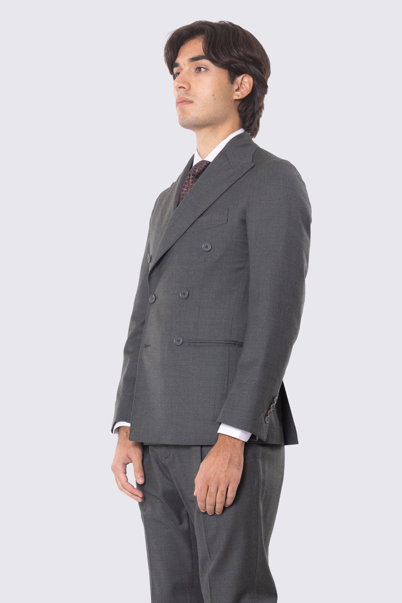 Abito verde con giacca Doppiopetto rever a lancia tasche a filo e pantalone vita alta con doppia pinces e risvolto 5cm 100% lana Flanella Carillo Drapers