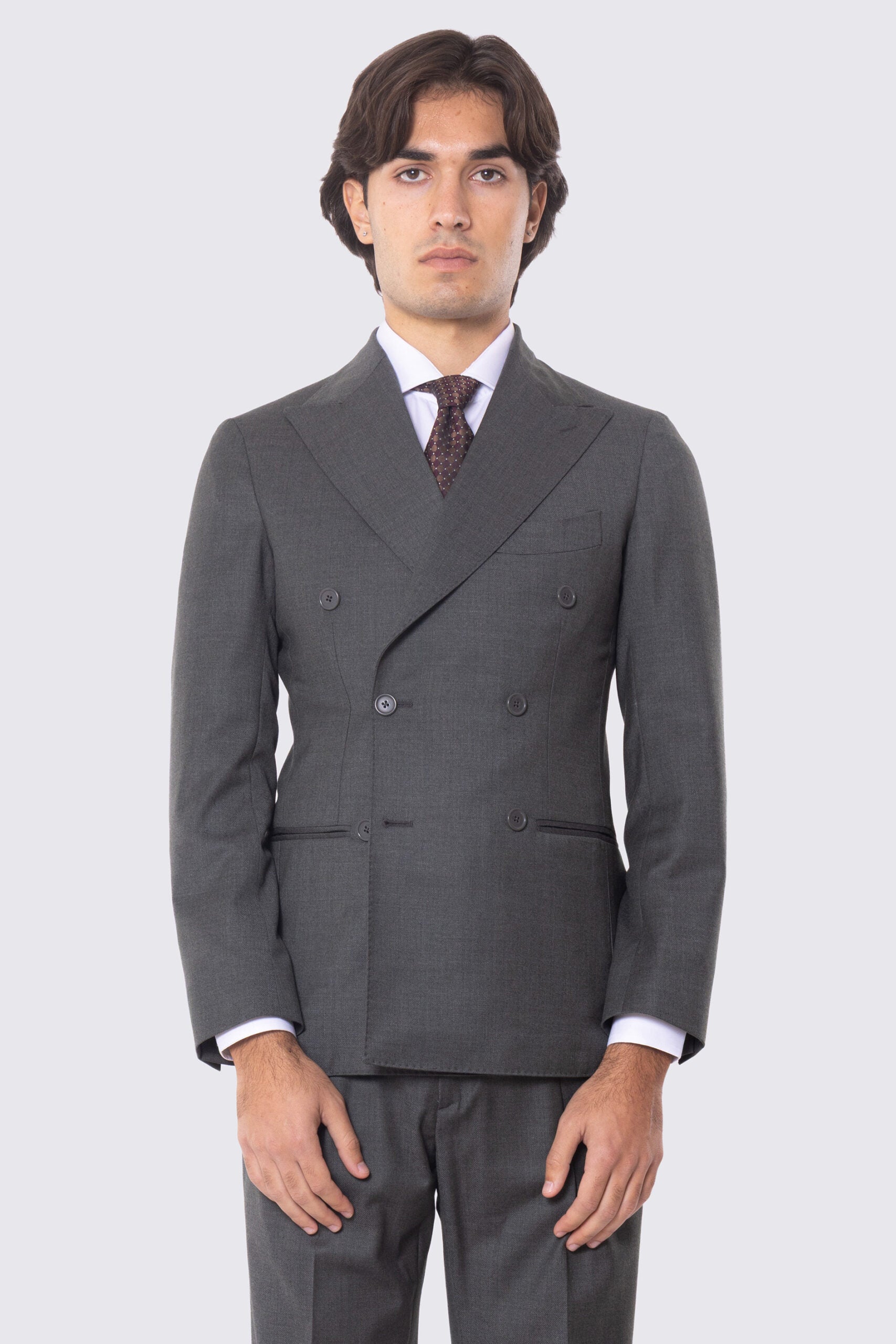 Abito verde con giacca Doppiopetto rever a lancia tasche a filo e pantalone vita alta con doppia pinces e risvolto 5cm 100% lana Flanella Carillo Drapers