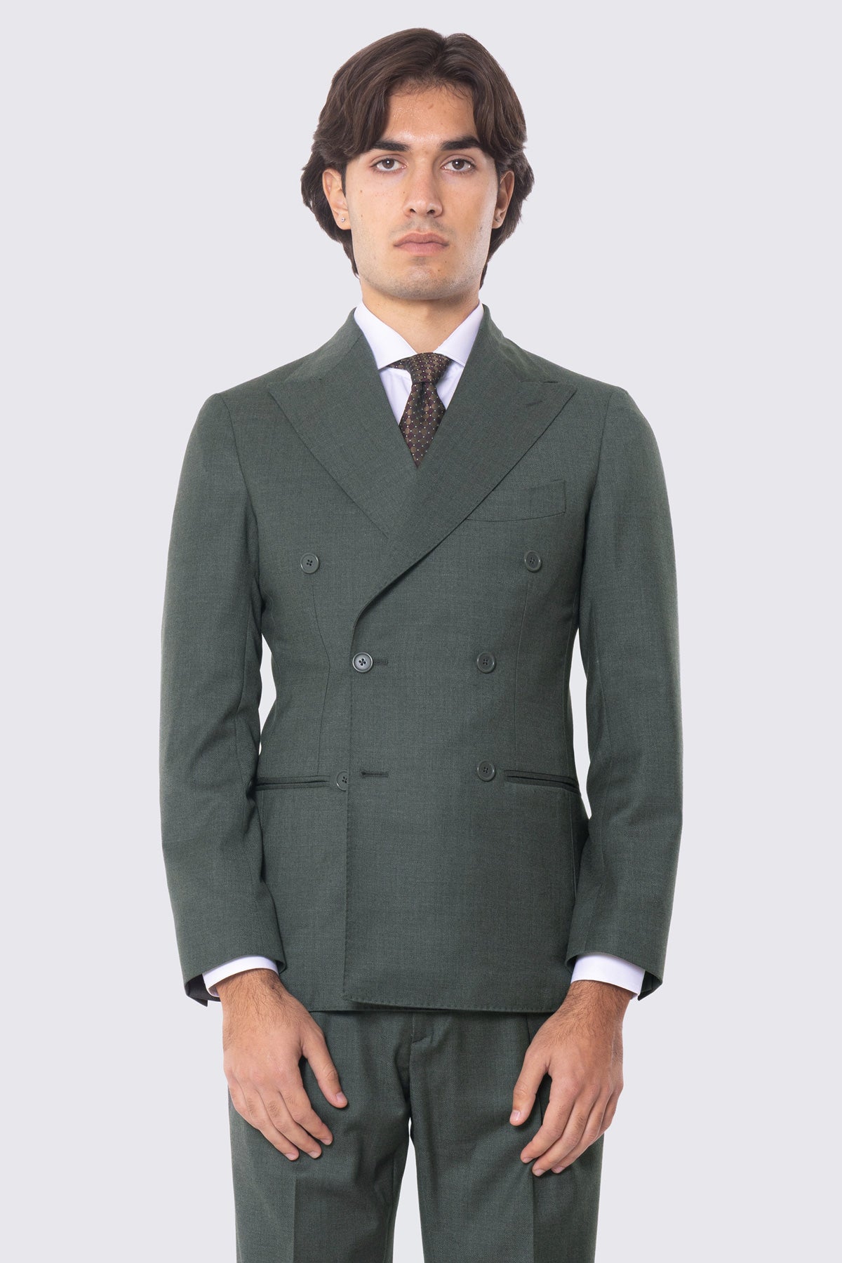 Grüner Anzug mit zweireihigem Jackett, steigendem Revers, Leistentaschen und High-Waist-Hose mit doppelten Bundfalten und 5 cm Aufschlag, 100 % Wolle Flanell Carillo Drapers