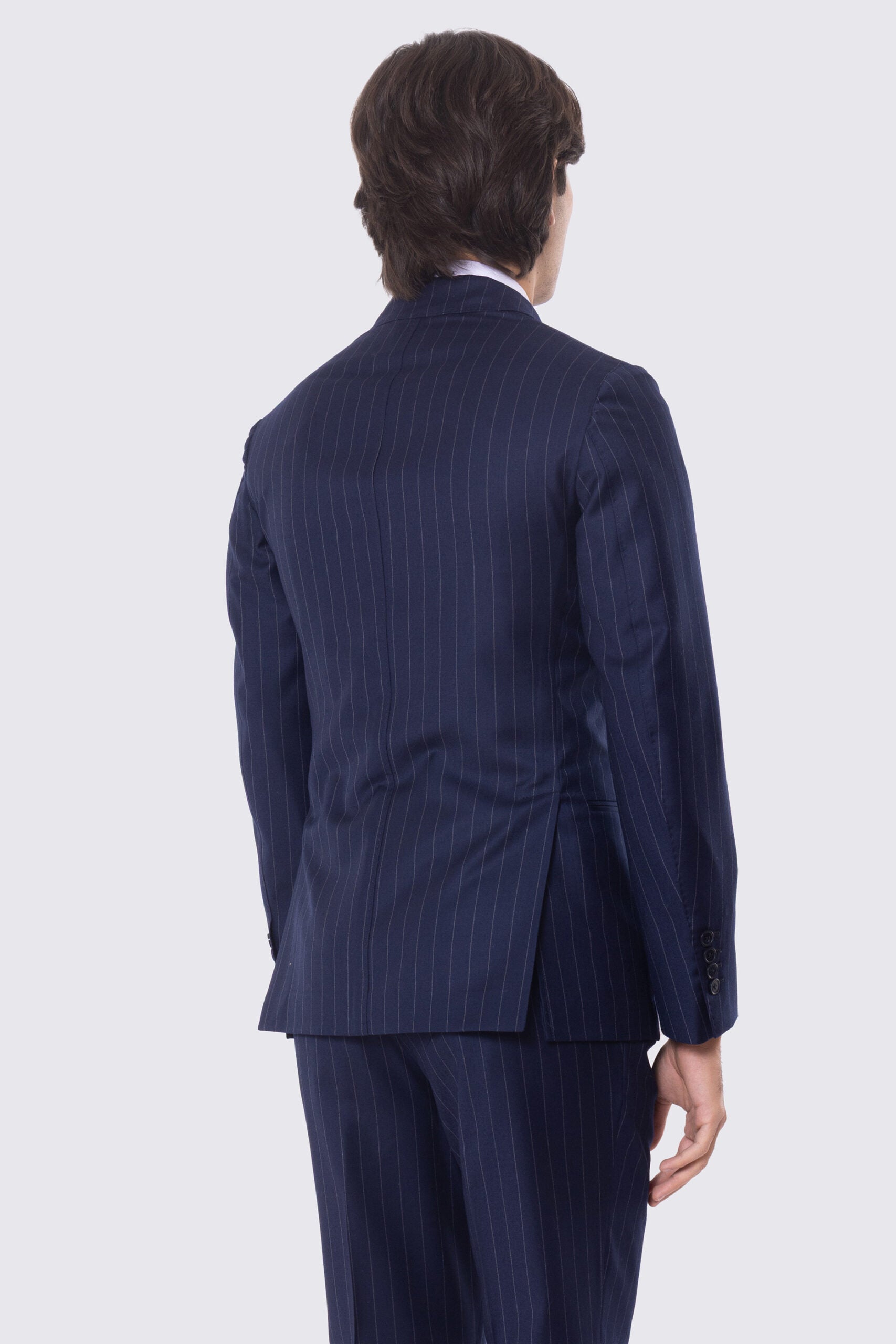 Abito blu gessato bianco con giacca Doppiopetto rever a lancia tasche a filo e pantalone vita alta con doppia pinces e risvolto 5cm 100% lana Flanella Carillo Drapers