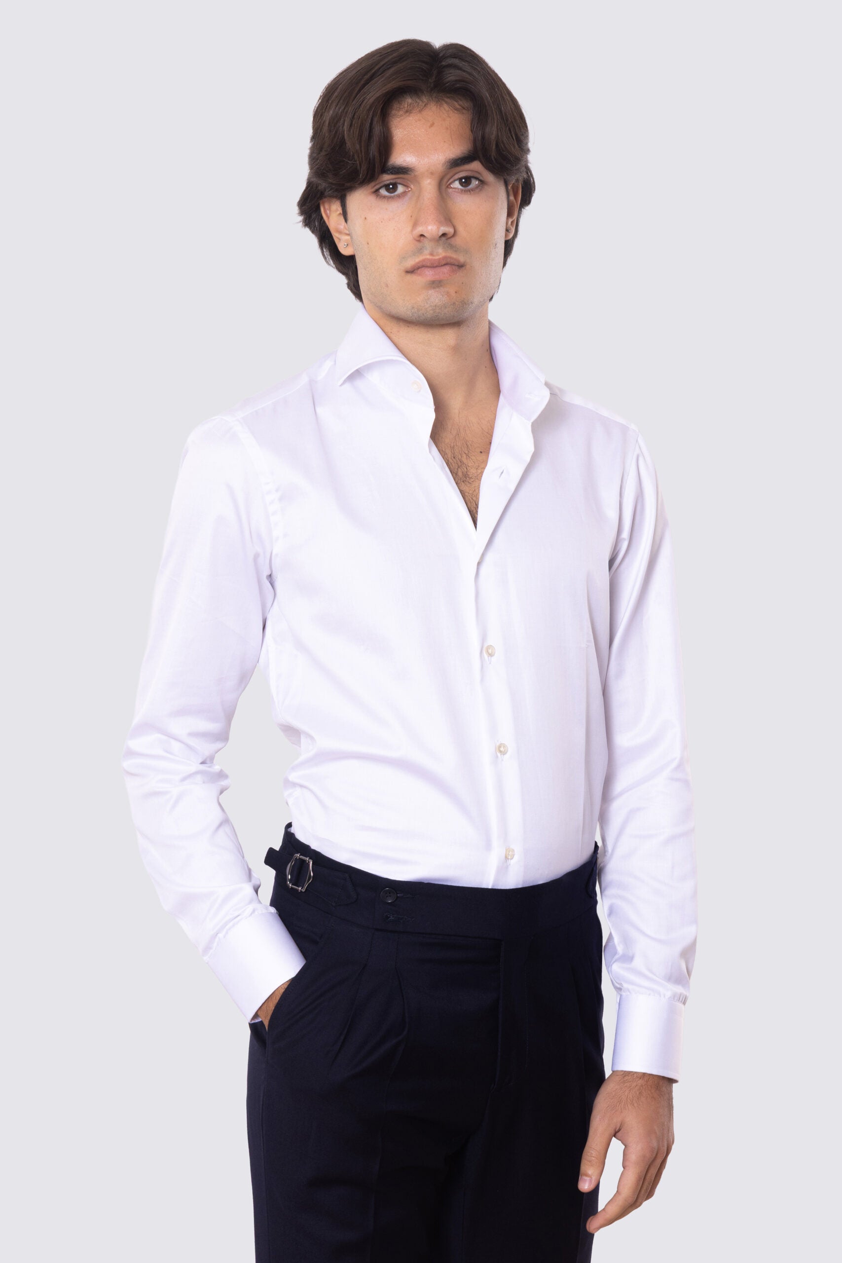 Camicia Uomo bianca 100% cotone collo italiano con cucitura all'inglese mileta Tessuti Fortuny slim Fit Tinta unita