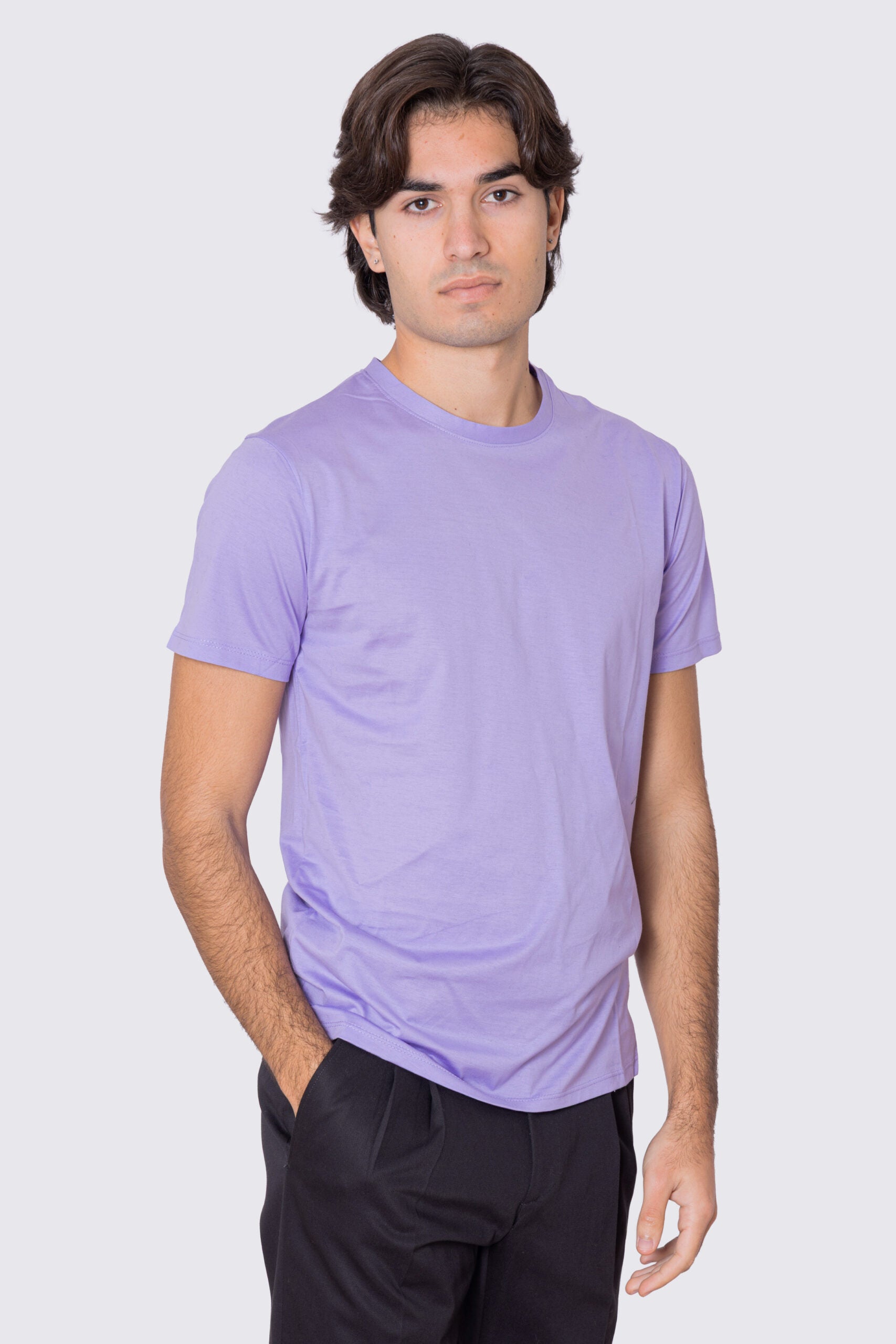 T-shirt da uomo filo di scozia glicine 100% cotone slim fit tinta unita Made In Italy..