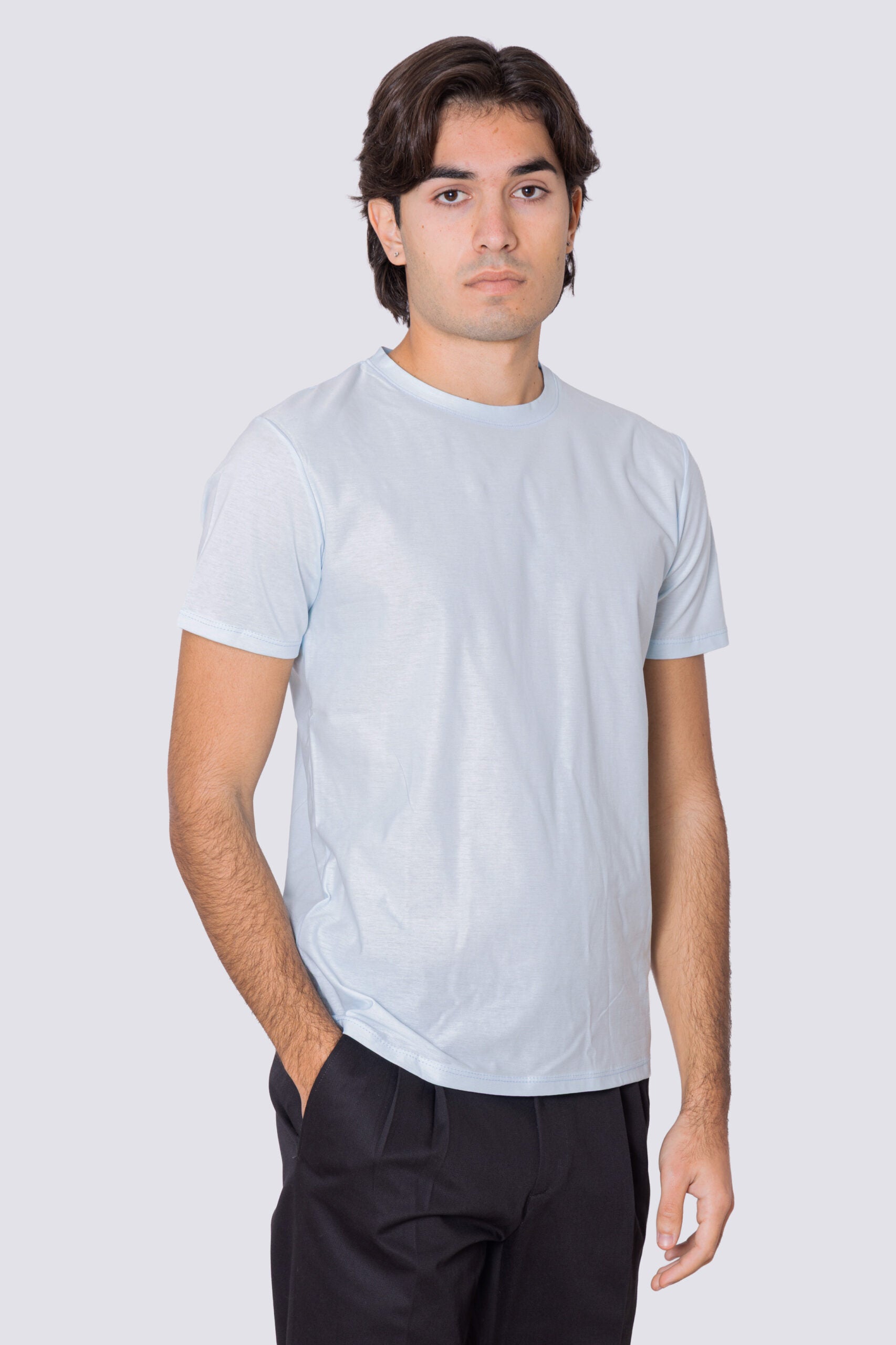 T-shirt da uomo filo di scozia celeste chiaro 100% cotone slim fit tinta unita Made In Italy