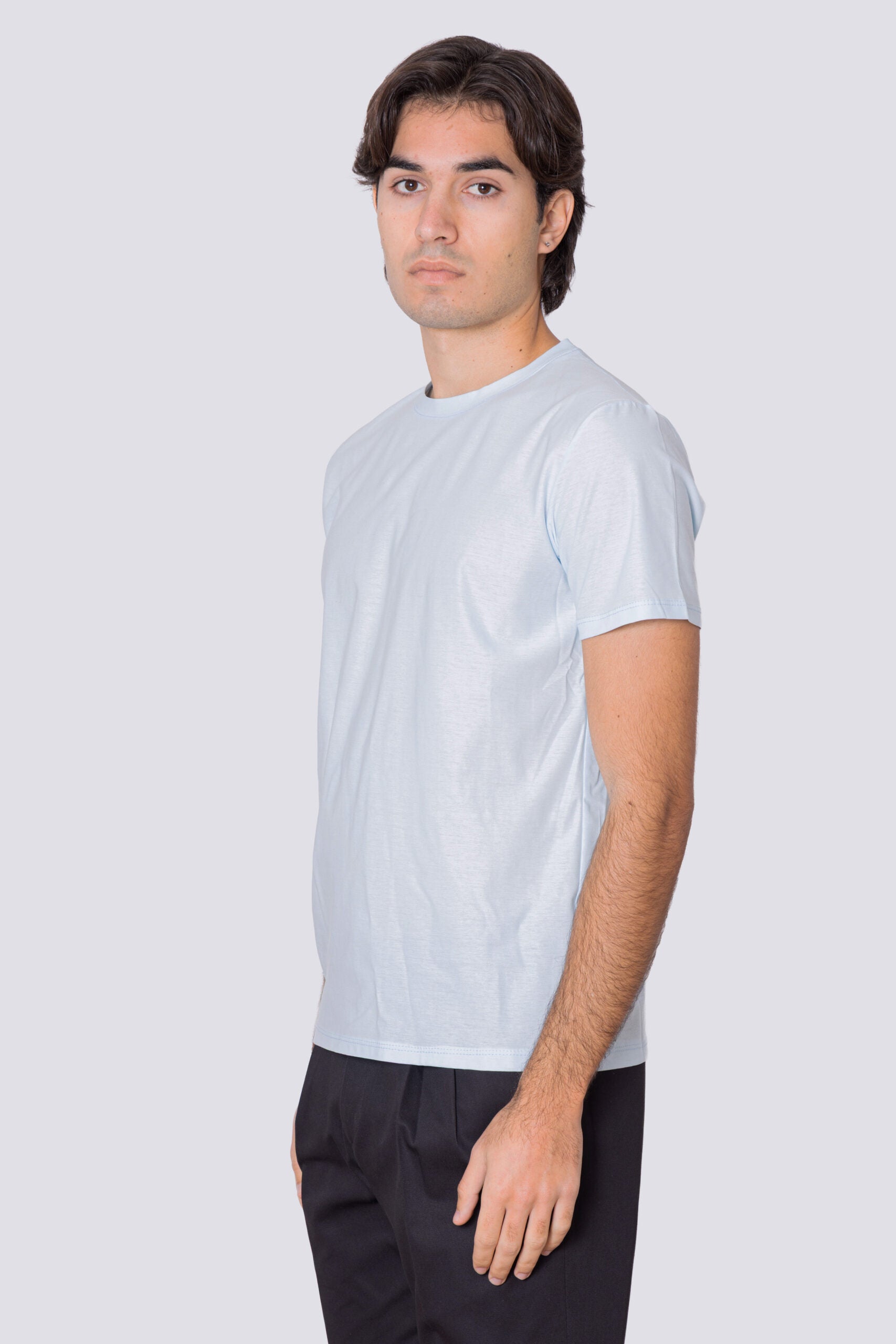 T-shirt da uomo filo di scozia celeste chiaro 100% cotone slim fit tinta unita Made In Italy