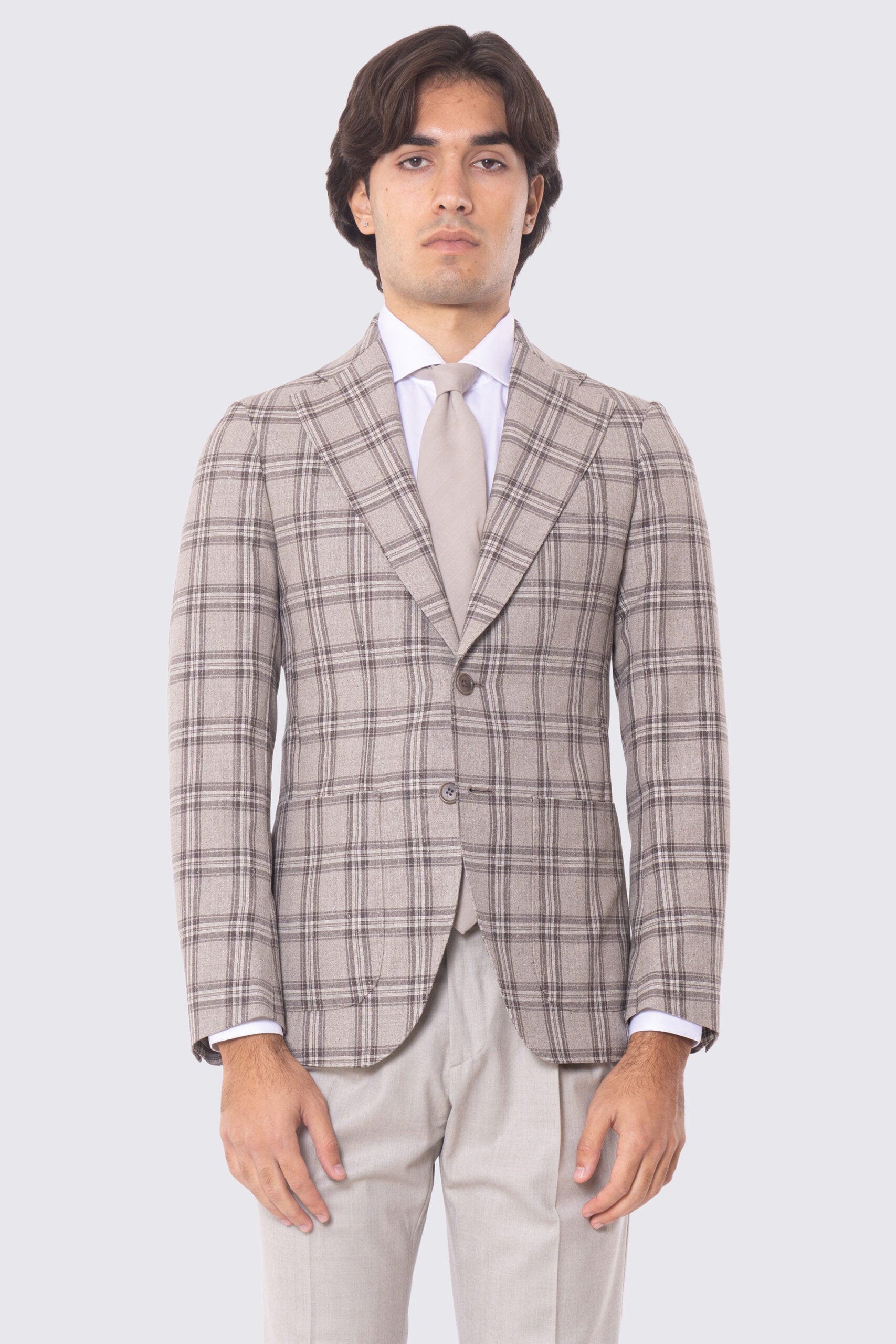 Giacca Monopetto beige principe di galles da Uomo in Lana e lino Vitale Barberis Canonico Rever classico 10cm Tasche a toppe
