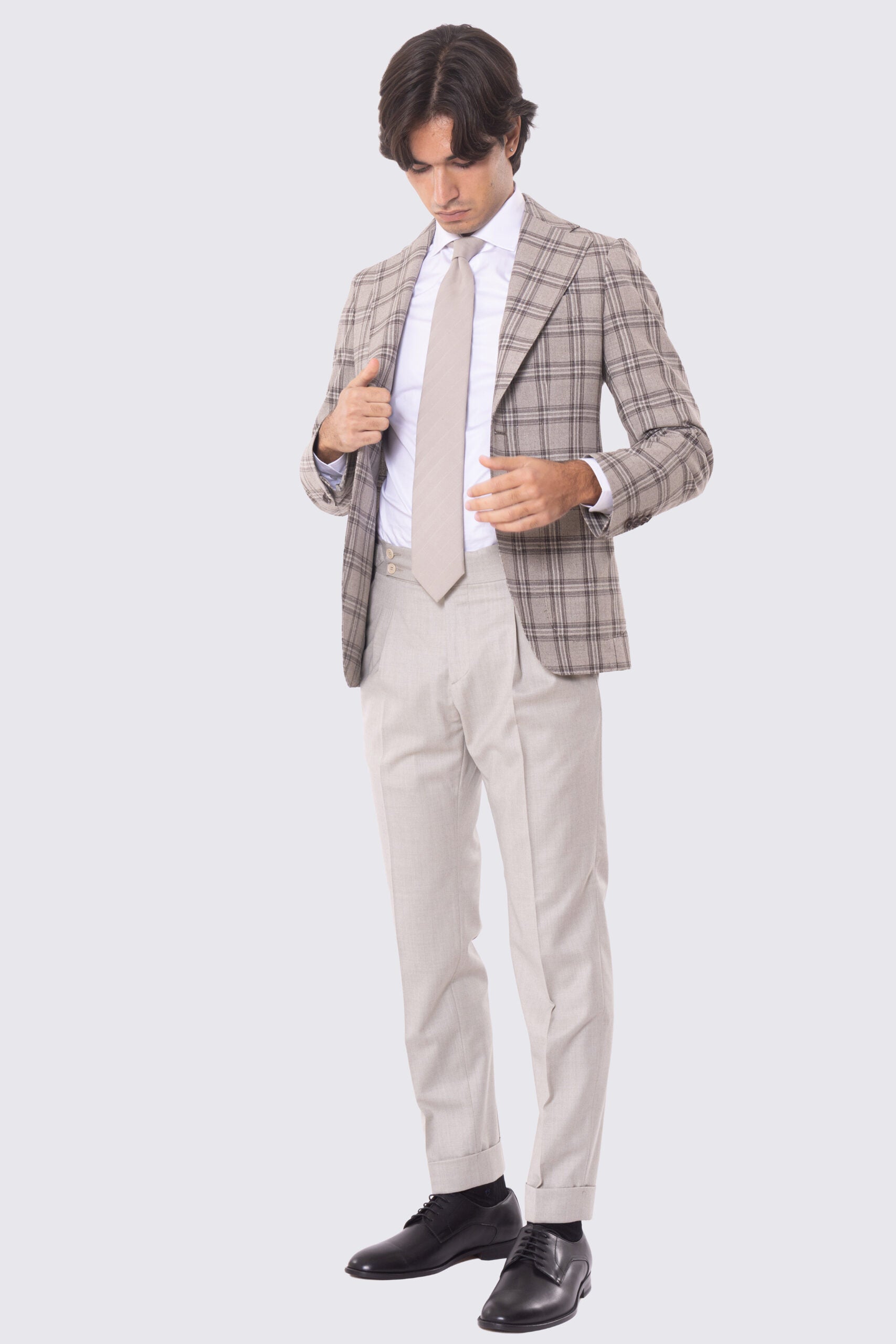 Giacca Monopetto beige principe di galles da Uomo in Lana e lino Vitale Barberis Canonico Rever classico 10cm Tasche a toppe
