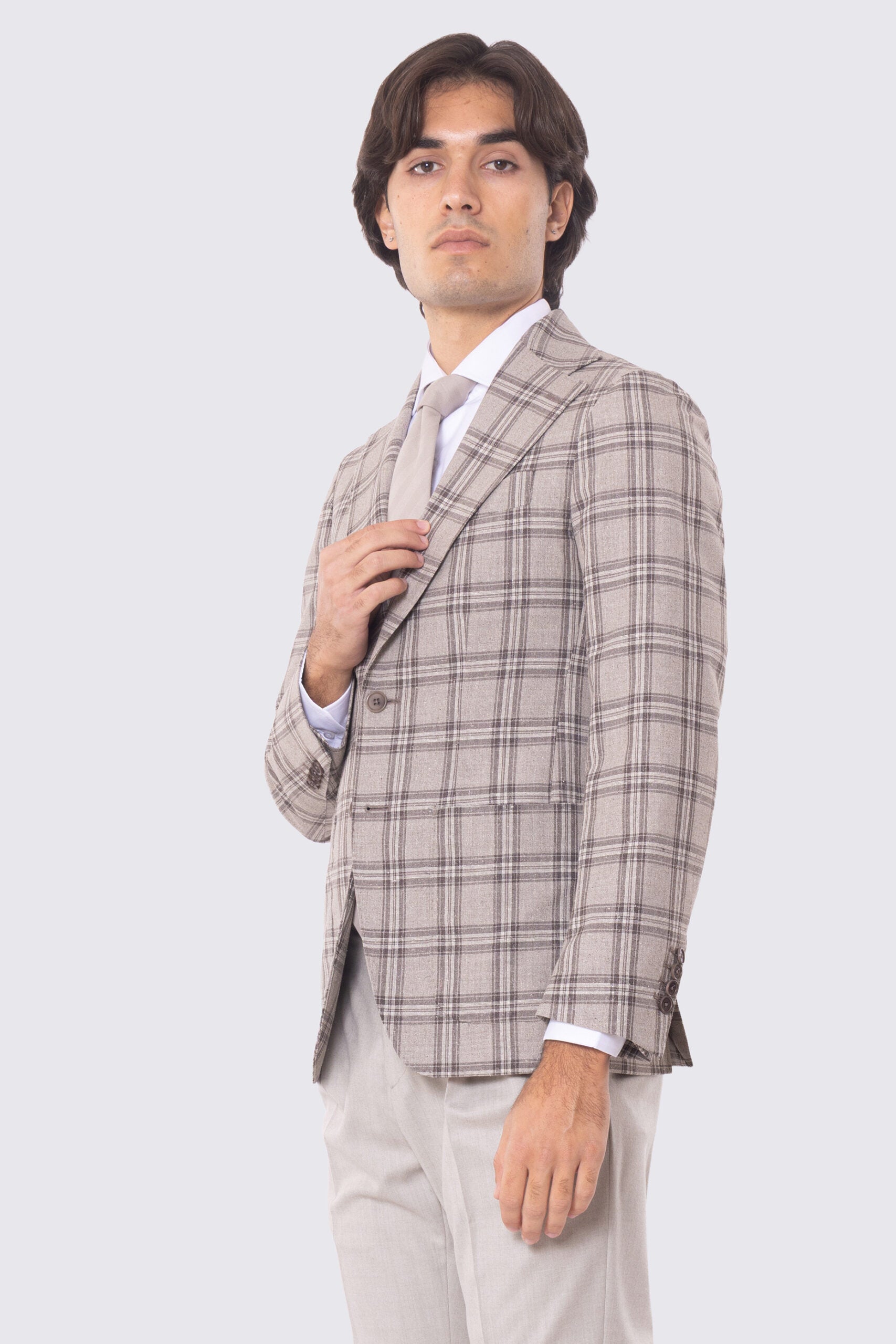 Giacca Monopetto beige principe di galles da Uomo in Lana e lino Vitale Barberis Canonico Rever classico 10cm Tasche a toppe