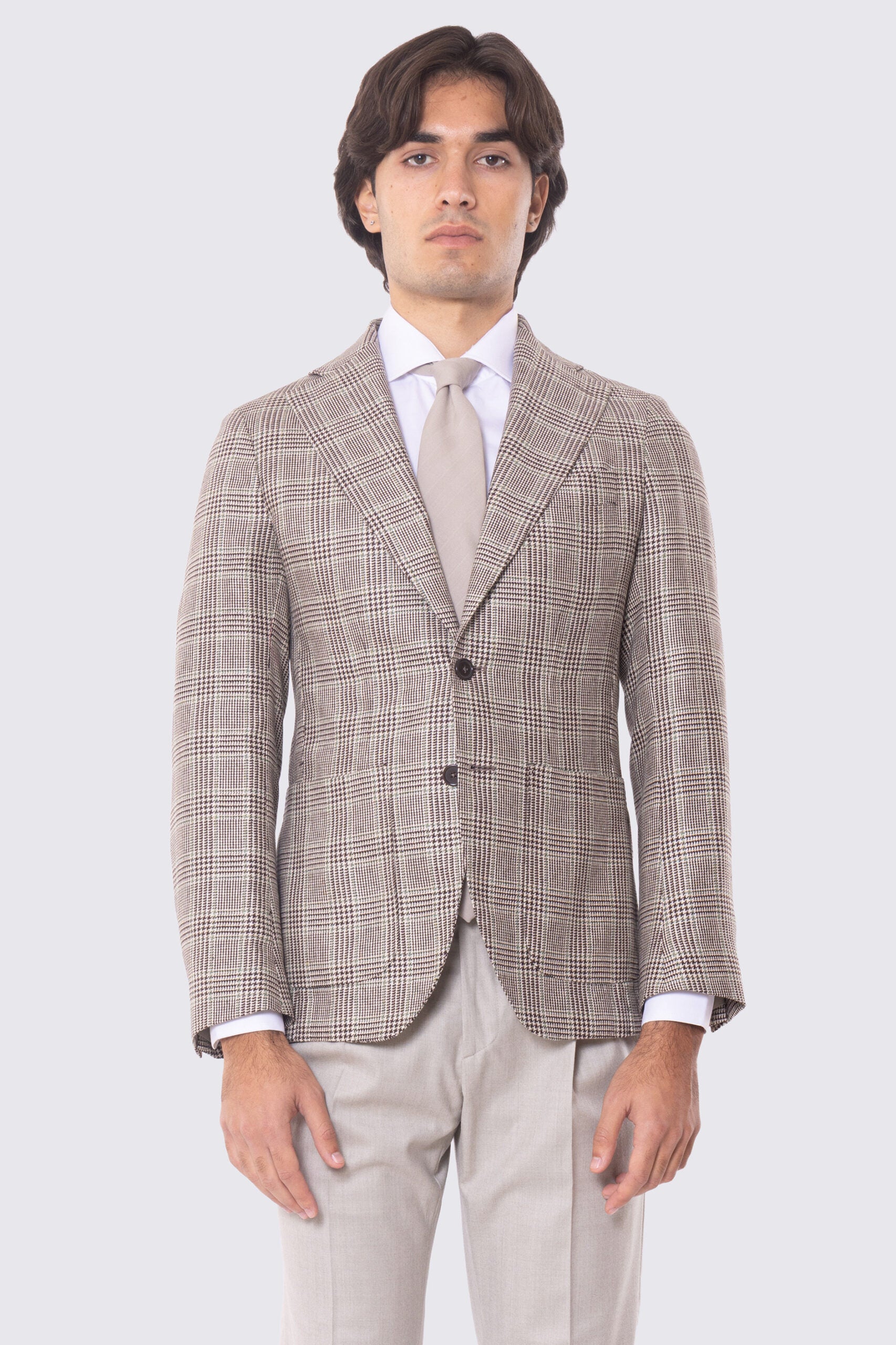 Giacca Monopetto beige principe di galles da Uomo in Lana flanella Fordam Tessuti Napoli Rever classico 10cm Tasche a toppe