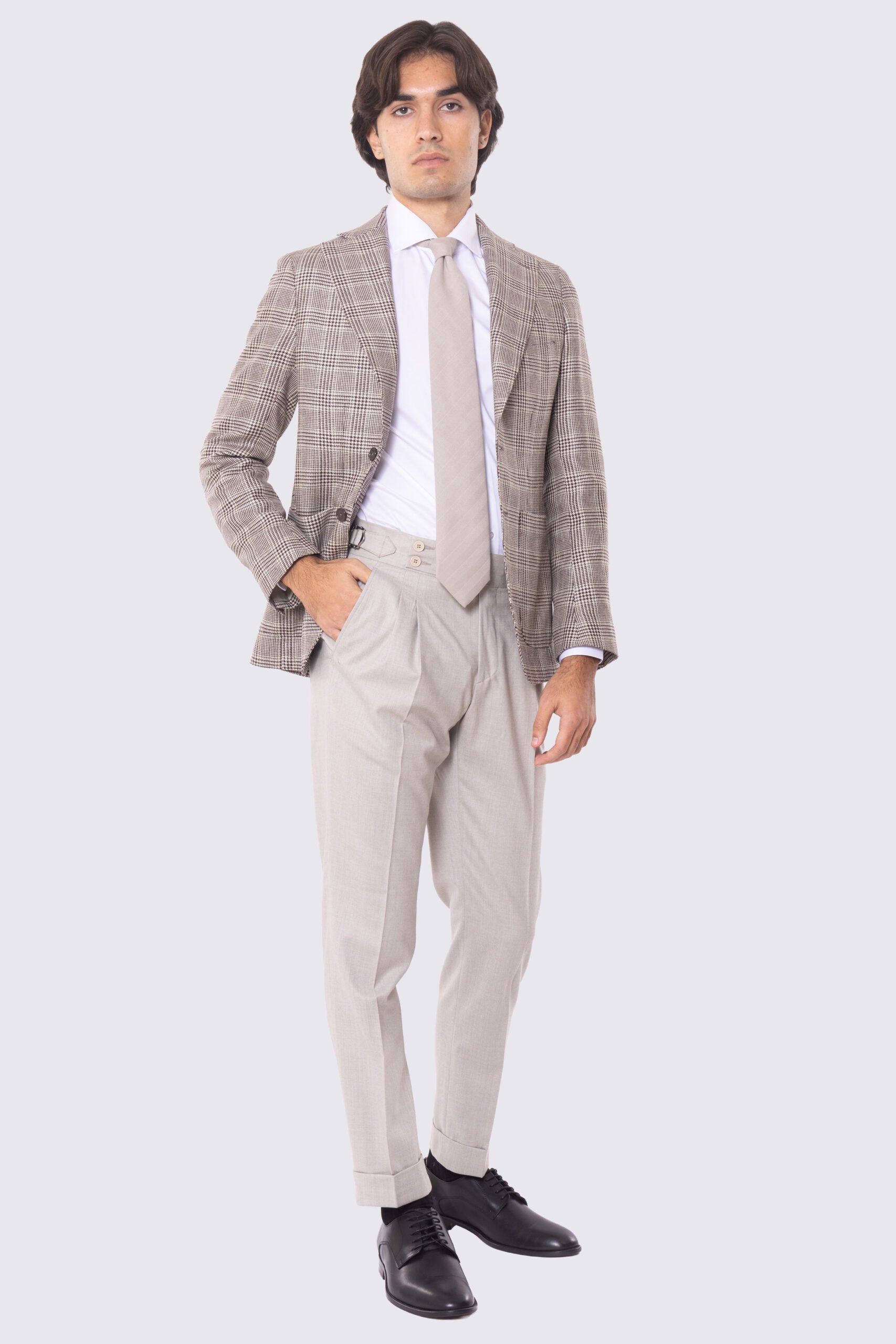 Giacca Monopetto beige principe di galles da Uomo in Lana flanella Fordam Tessuti Napoli Rever classico 10cm Tasche a toppe