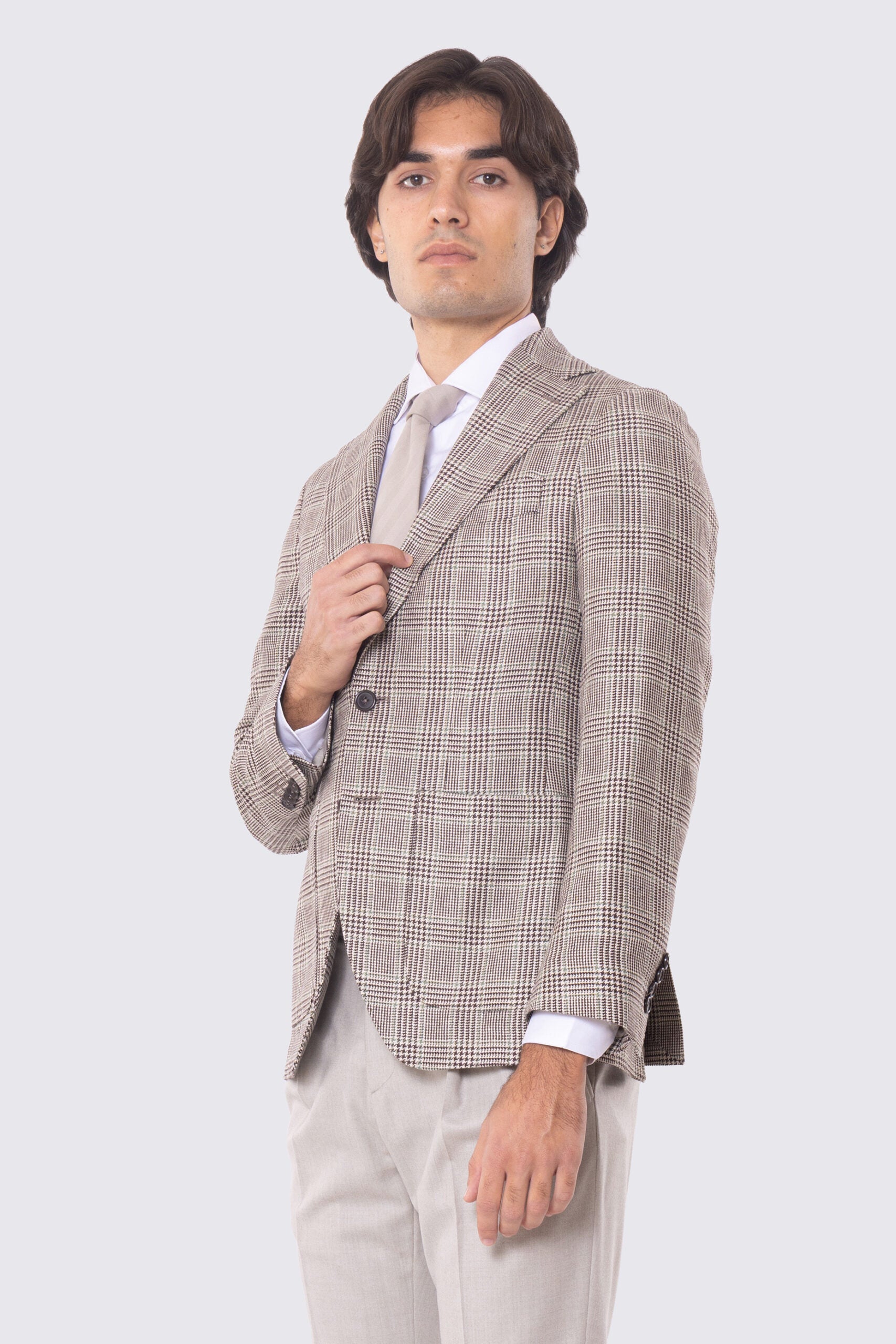 Giacca Monopetto beige principe di galles da Uomo in Lana flanella Fordam Tessuti Napoli Rever classico 10cm Tasche a toppe