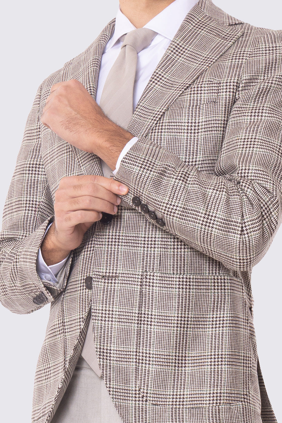 Giacca Monopetto beige principe di galles da Uomo in Lana flanella Fordam Tessuti Napoli Rever classico 10cm Tasche a toppe