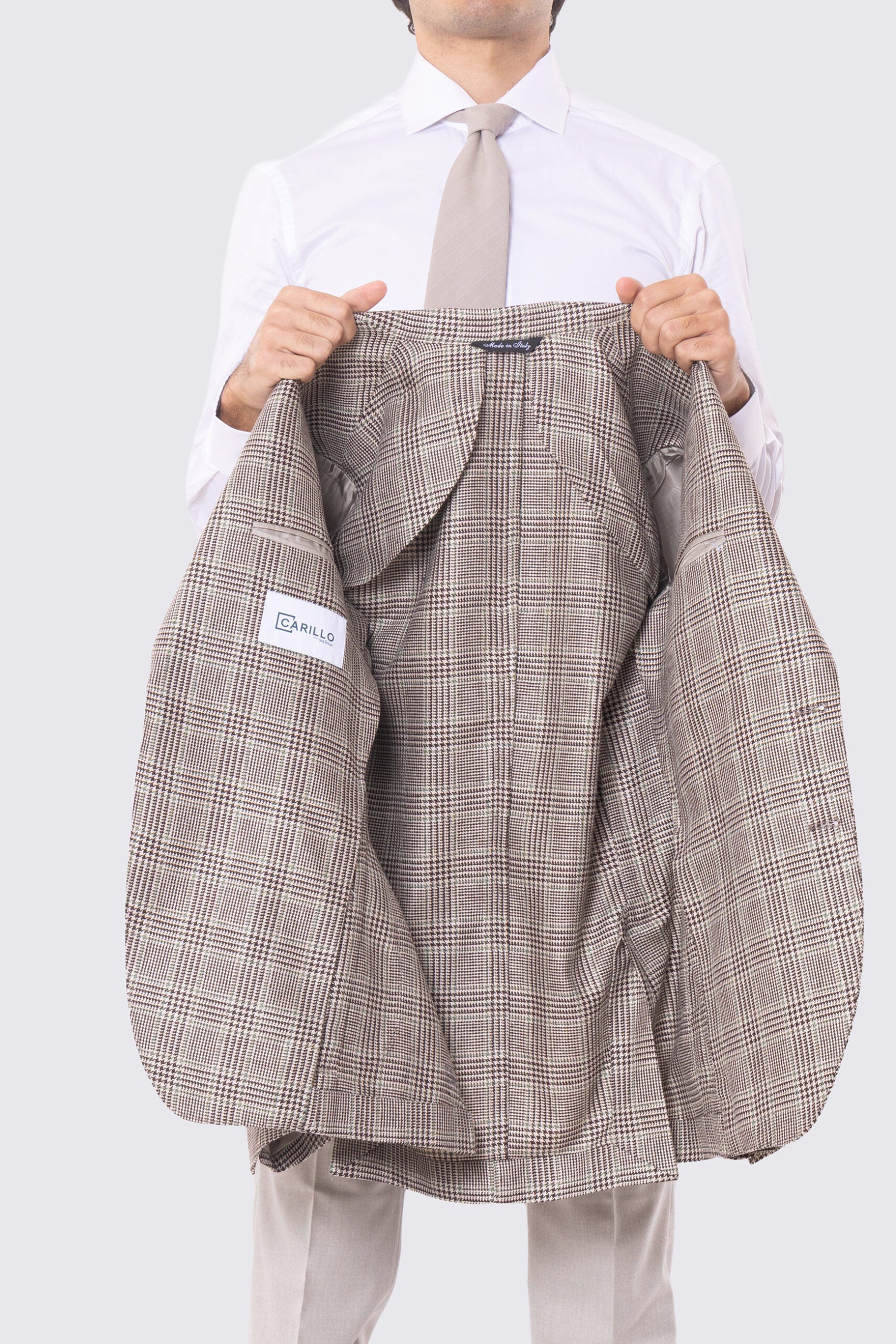 Giacca Monopetto beige principe di galles da Uomo in Lana flanella Fordam Tessuti Napoli Rever classico 10cm Tasche a toppe