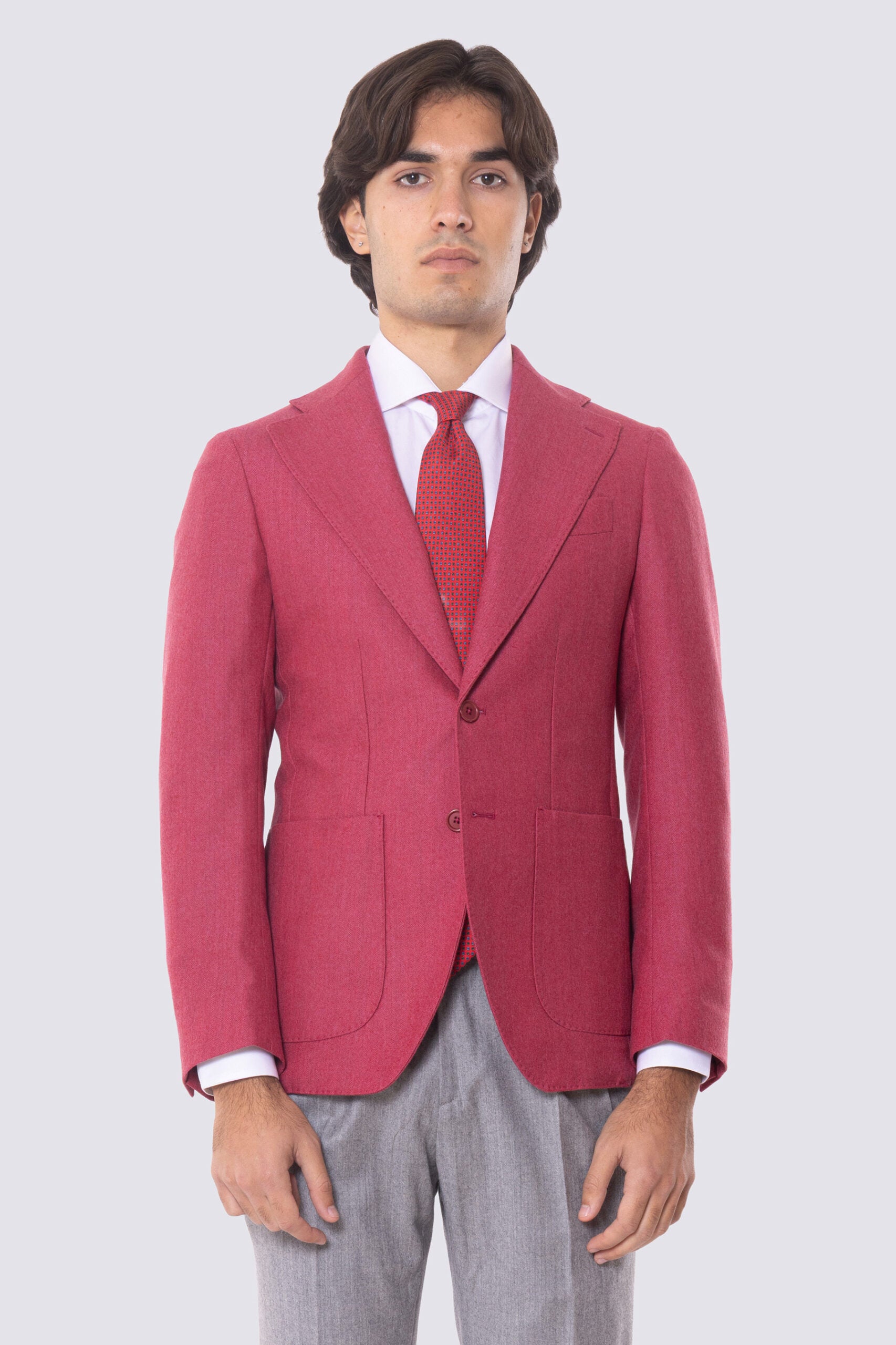 Giacca Monopetto color fragola da Uomo in Lana flanella Holland &amp; Sherry Rever classico 10cm Tasche a toppe