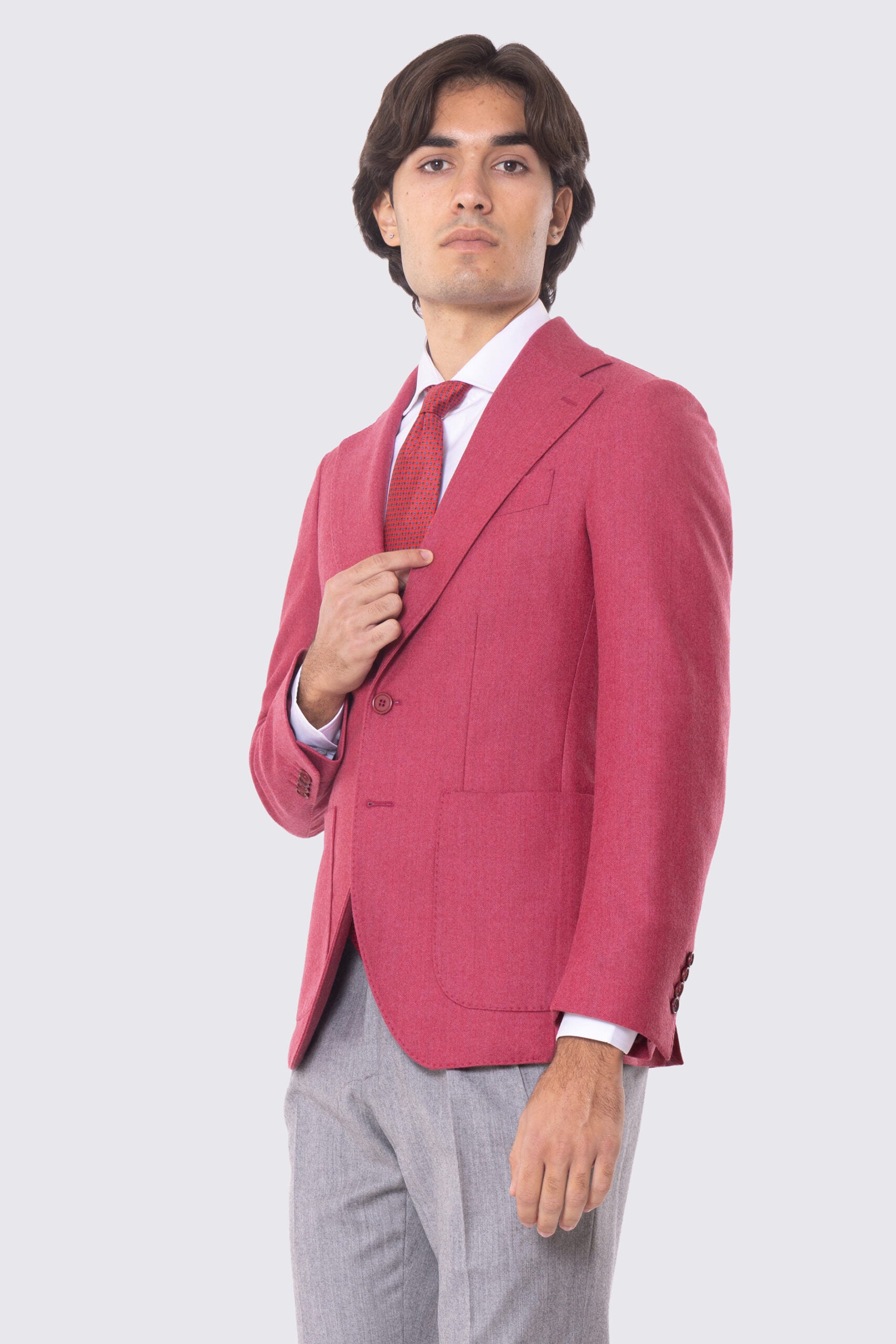 Giacca Monopetto color fragola da Uomo in Lana flanella Holland & Sherry Rever classico 10cm Tasche a toppe