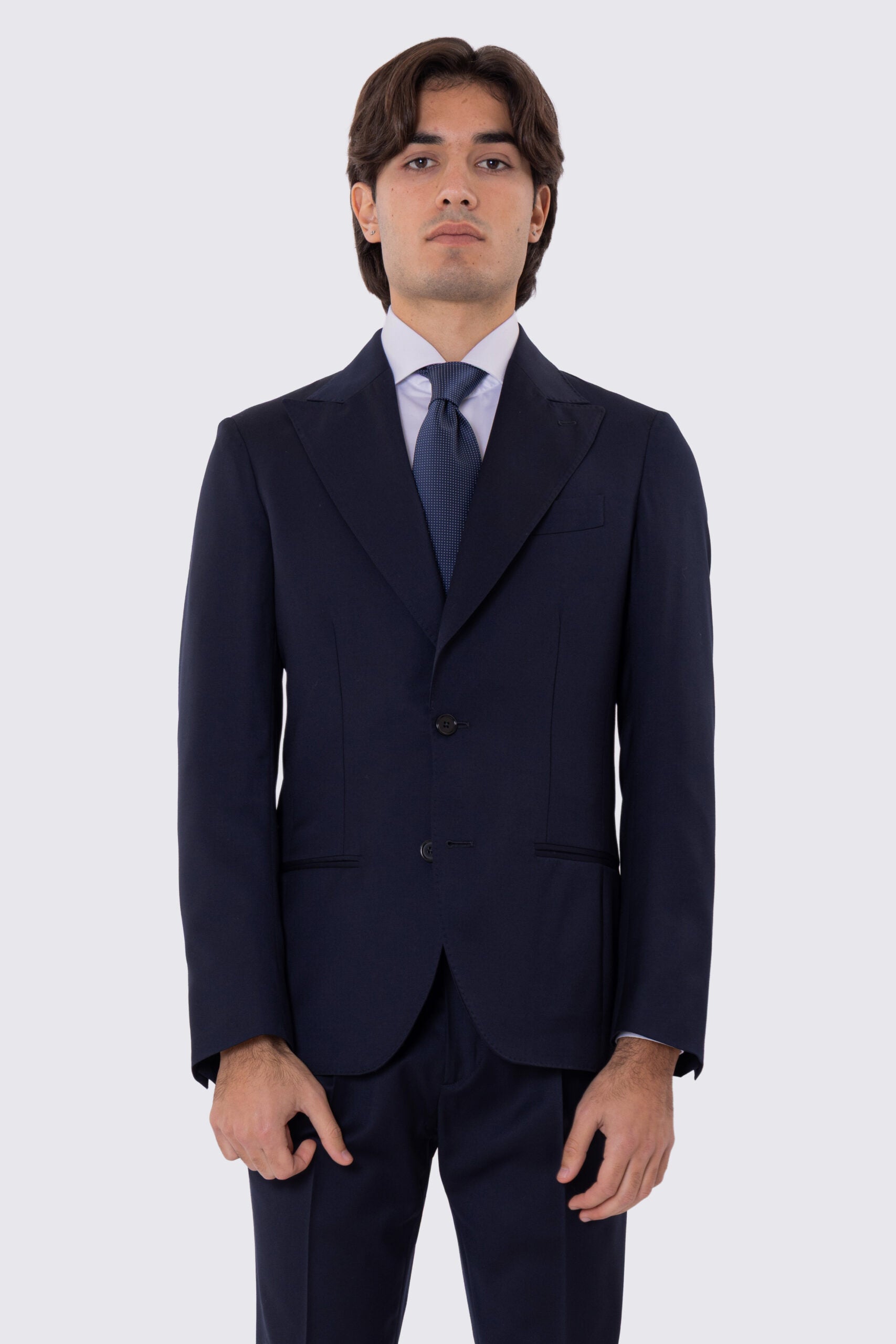 Abito uomo Monopetto blu notte fresco lana super 110's Tessuti in esclusiva Sartoria Carillo completamente sfoderato con Rever a lancia e tasche a filetto