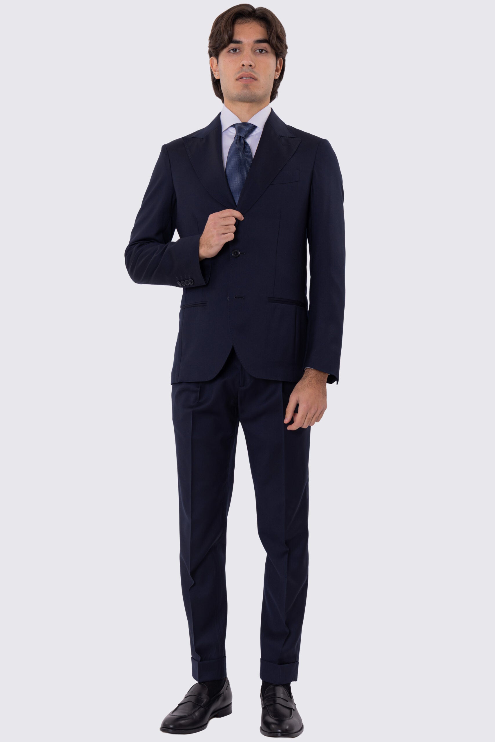 Abito uomo Monopetto blu notte fresco lana super 110's Tessuti in esclusiva Sartoria Carillo completamente sfoderato con Rever a lancia e tasche a filetto